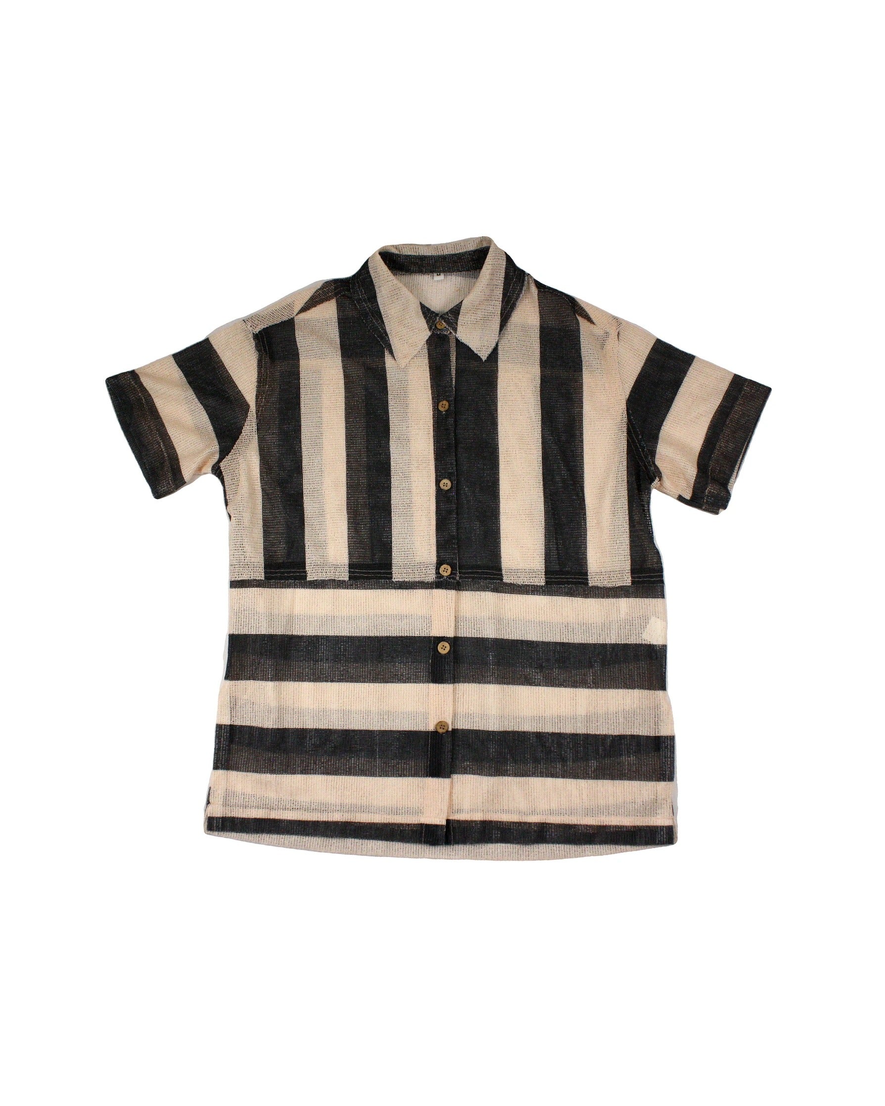 No Brand Women's Beige/Dark Grey Mesh Short Sleeve Shirt with Horizontal Bottom Stripes