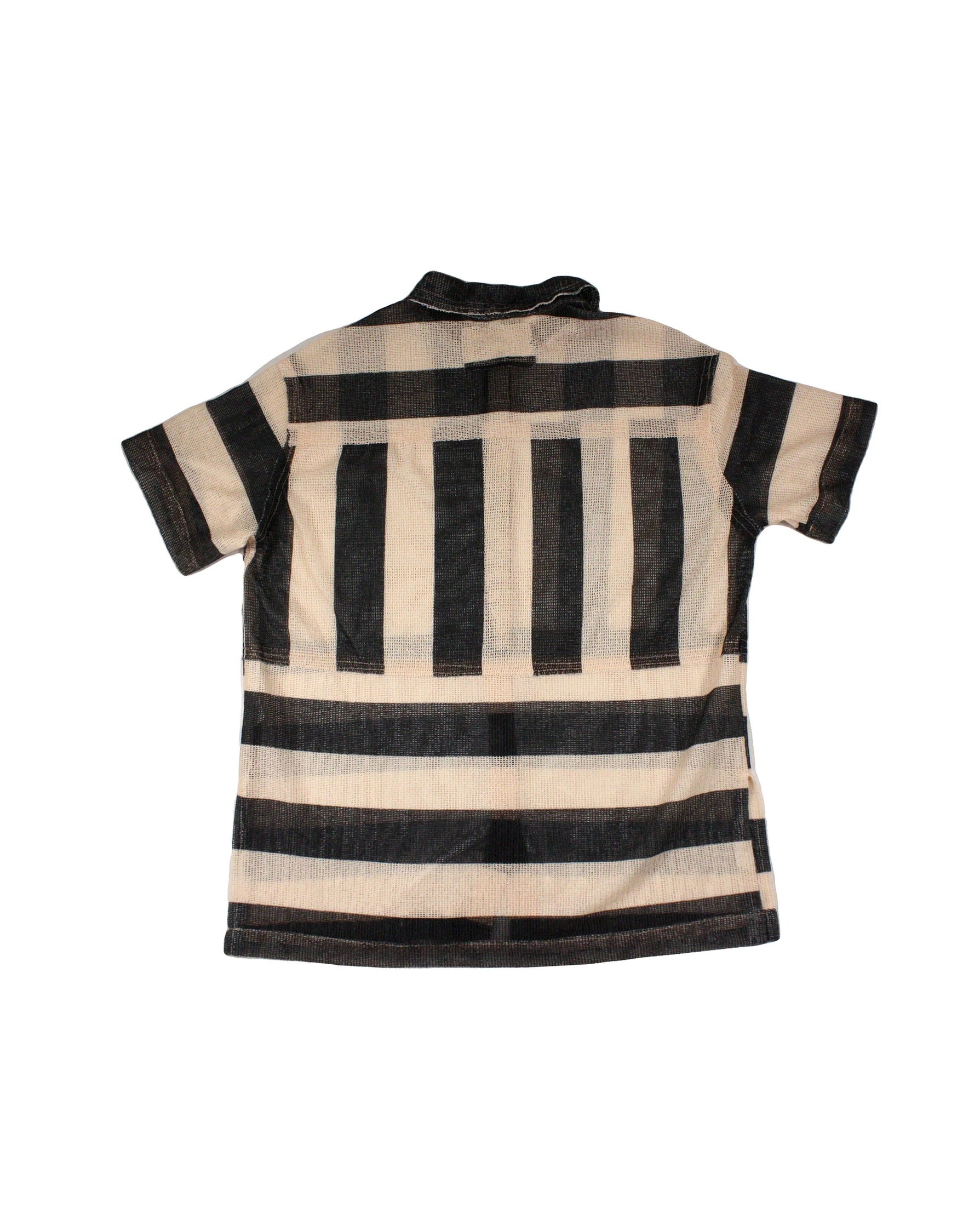 No Brand Women's Beige/Dark Grey Mesh Short Sleeve Shirt with Horizontal Bottom Stripes