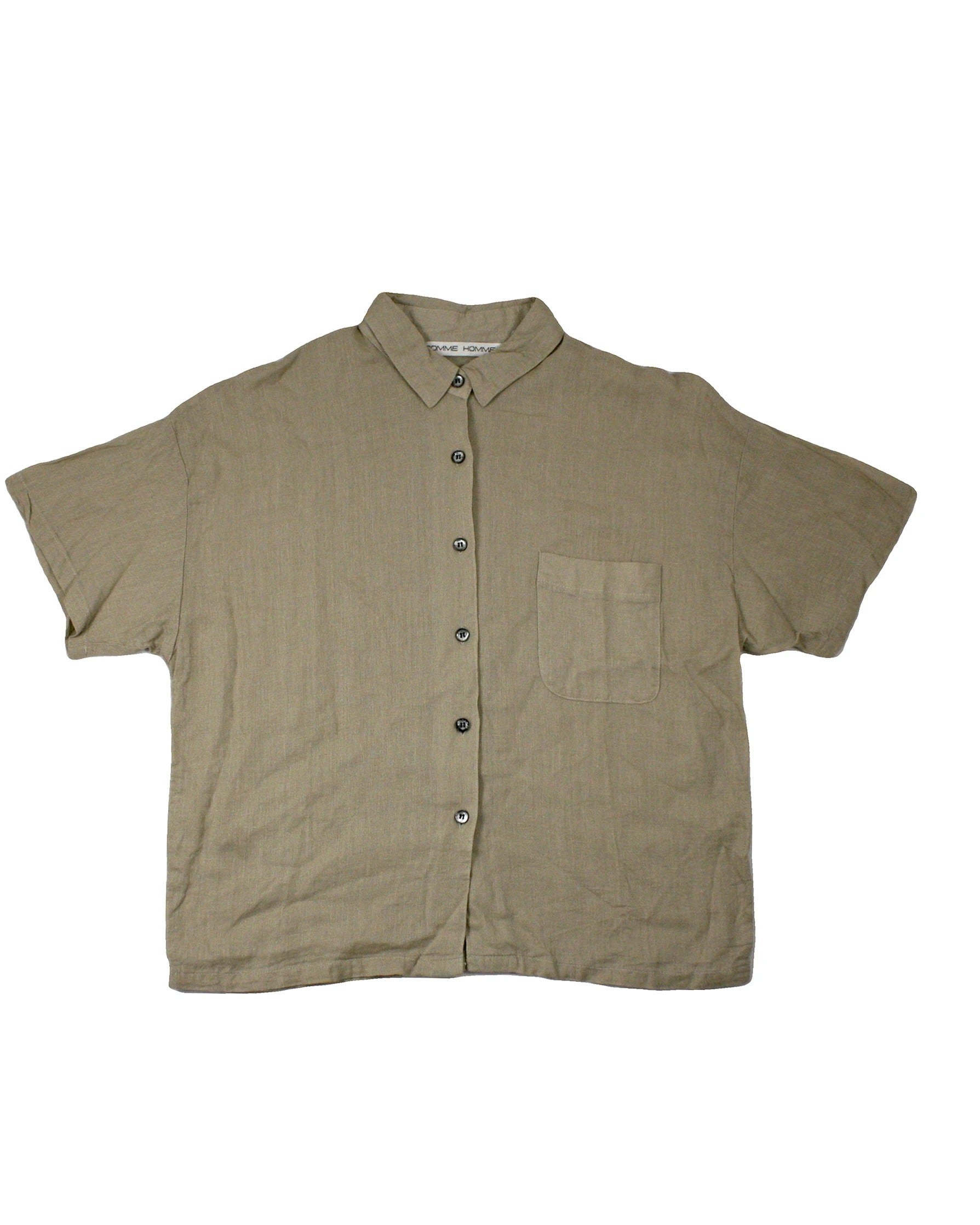 Comme Homme Women's Beige Short Sleeve Shirt with Silver/Black Buttons and Chest Pocket