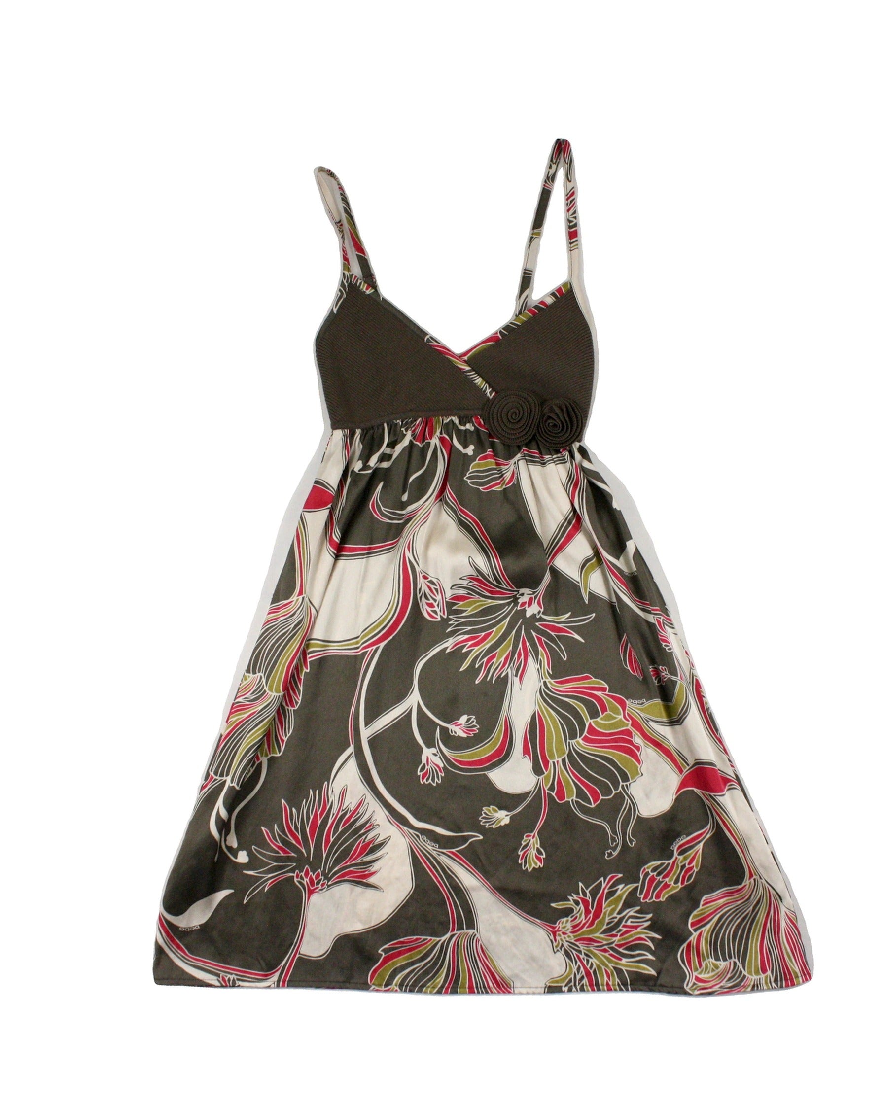 bebe Women's Dark Olive/Magenta/Olive/Cream Spaghetti Strap Dress with Abstract Print and 3D Flowers