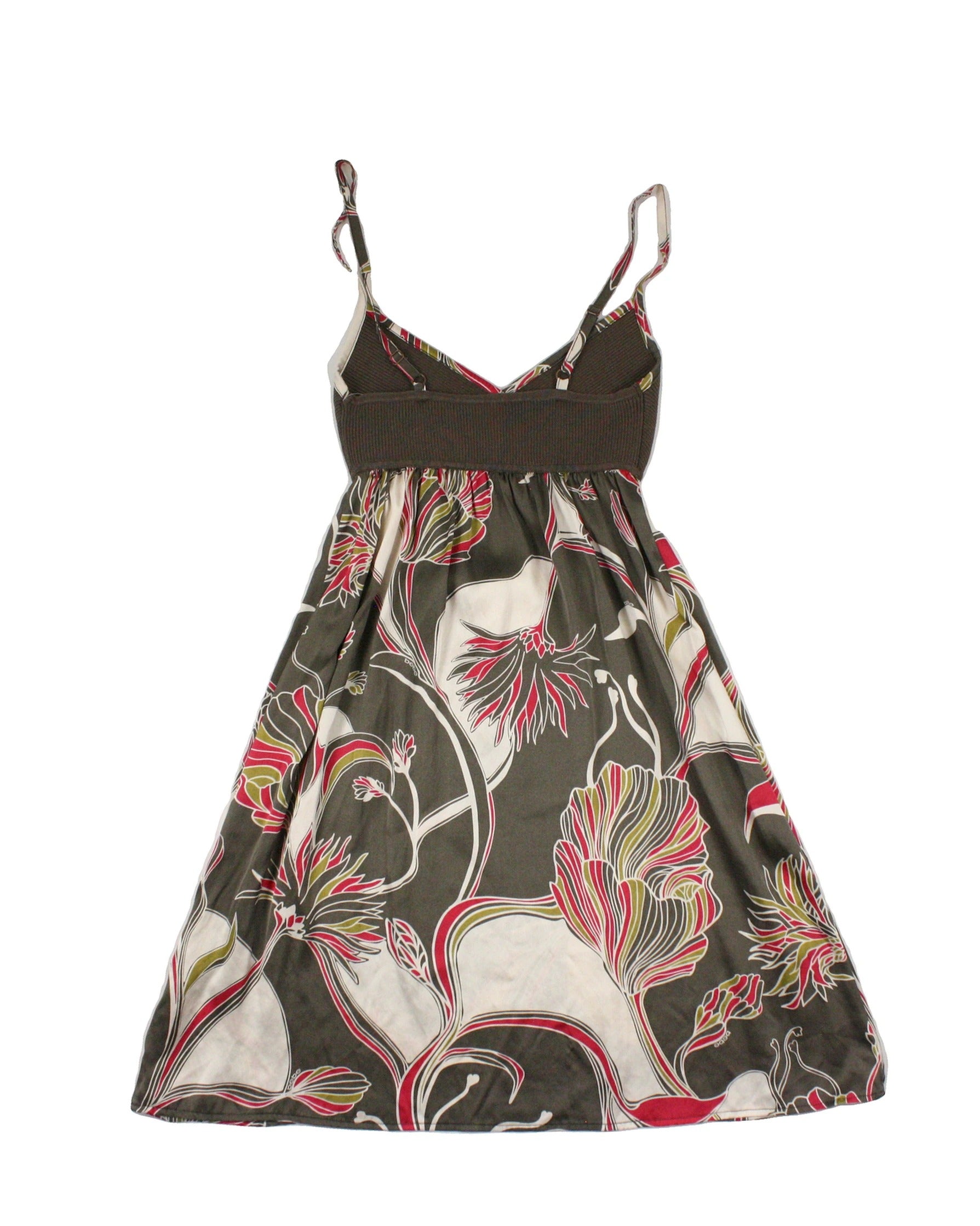 bebe Women's Dark Olive/Magenta/Olive/Cream Spaghetti Strap Dress with Abstract Print and 3D Flowers