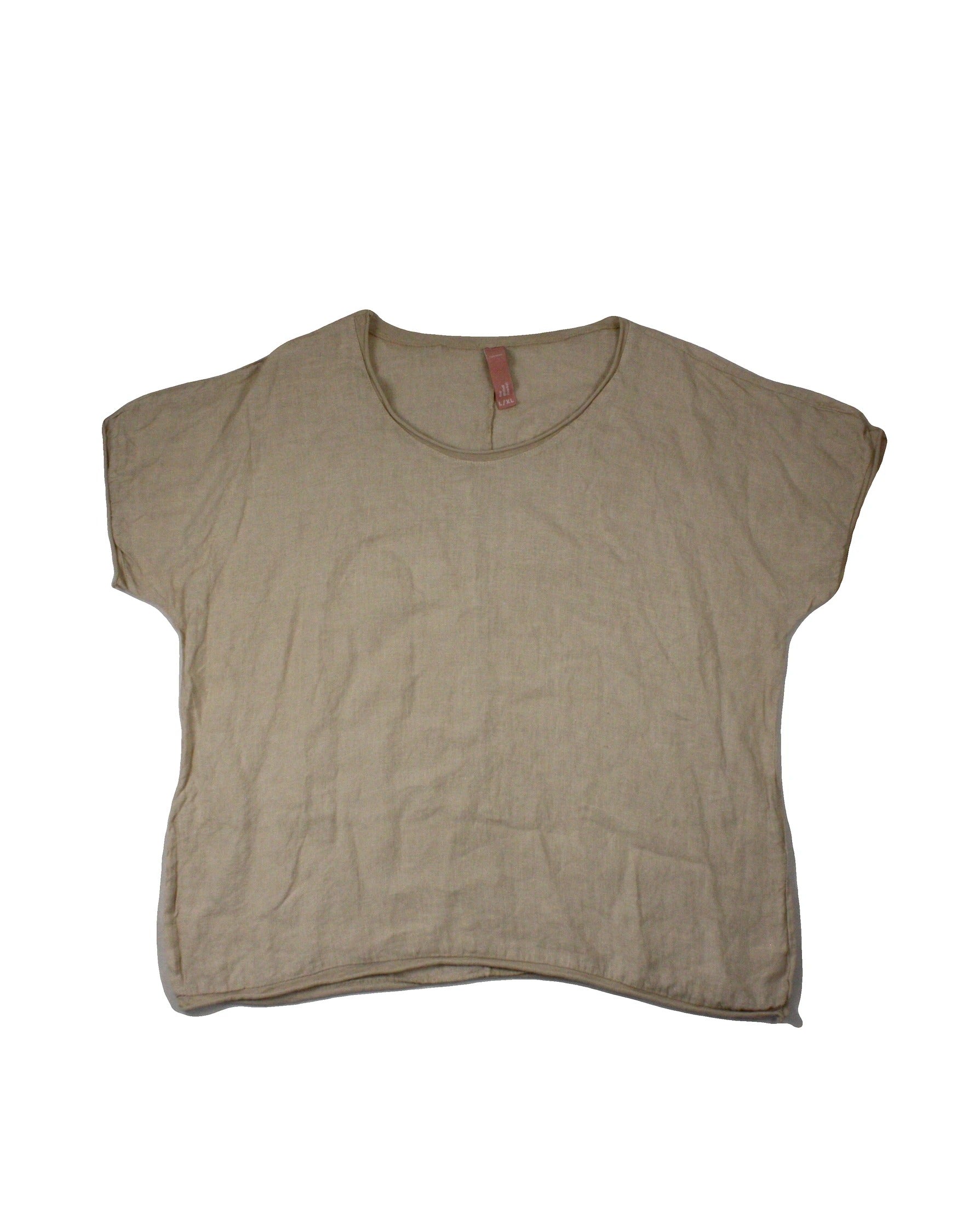 The Global Market Women's Beige Linen Short Sleeve Top with Scoop Neck and Roll Trim – Size L/XL