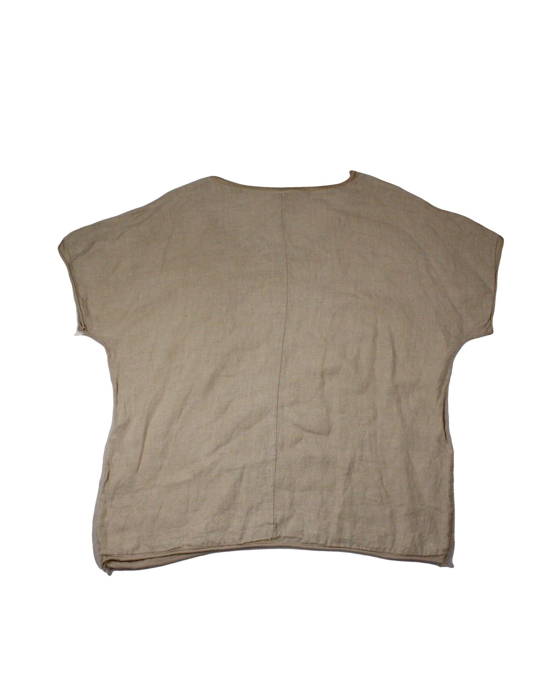 The Global Market Women's Beige Linen Short Sleeve Top with Scoop Neck and Roll Trim – Size L/XL