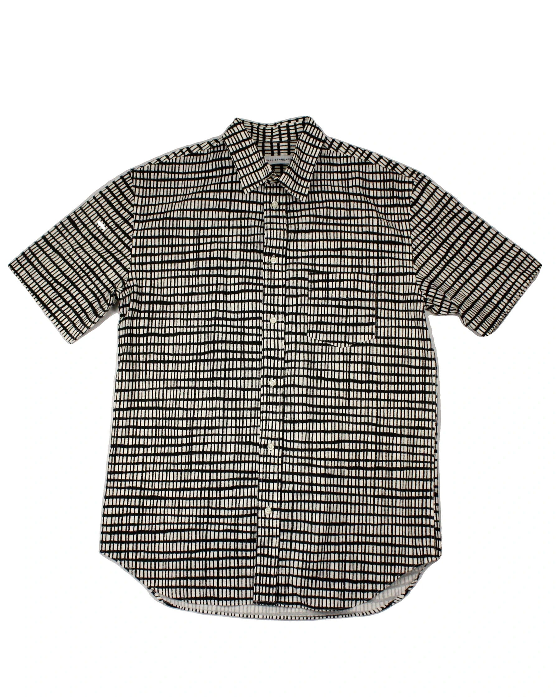 National Standards Men's Cream/Black Cotton Grid Short Sleeve Shirt with Chest Pocket – Size M