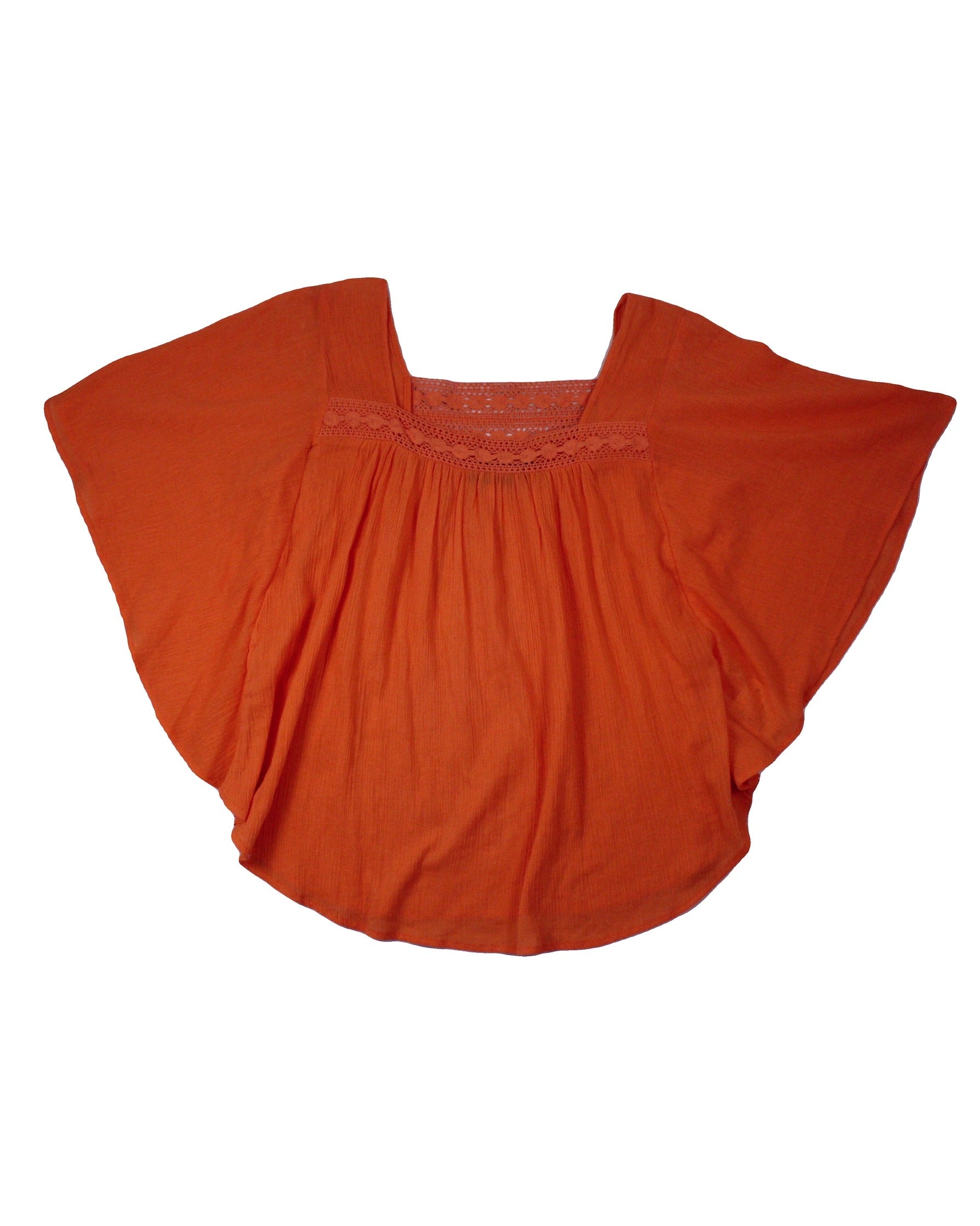 No Brand Women's Orange Cotton Short Sleeve Top with Square Neck and Lace Detail – Size L