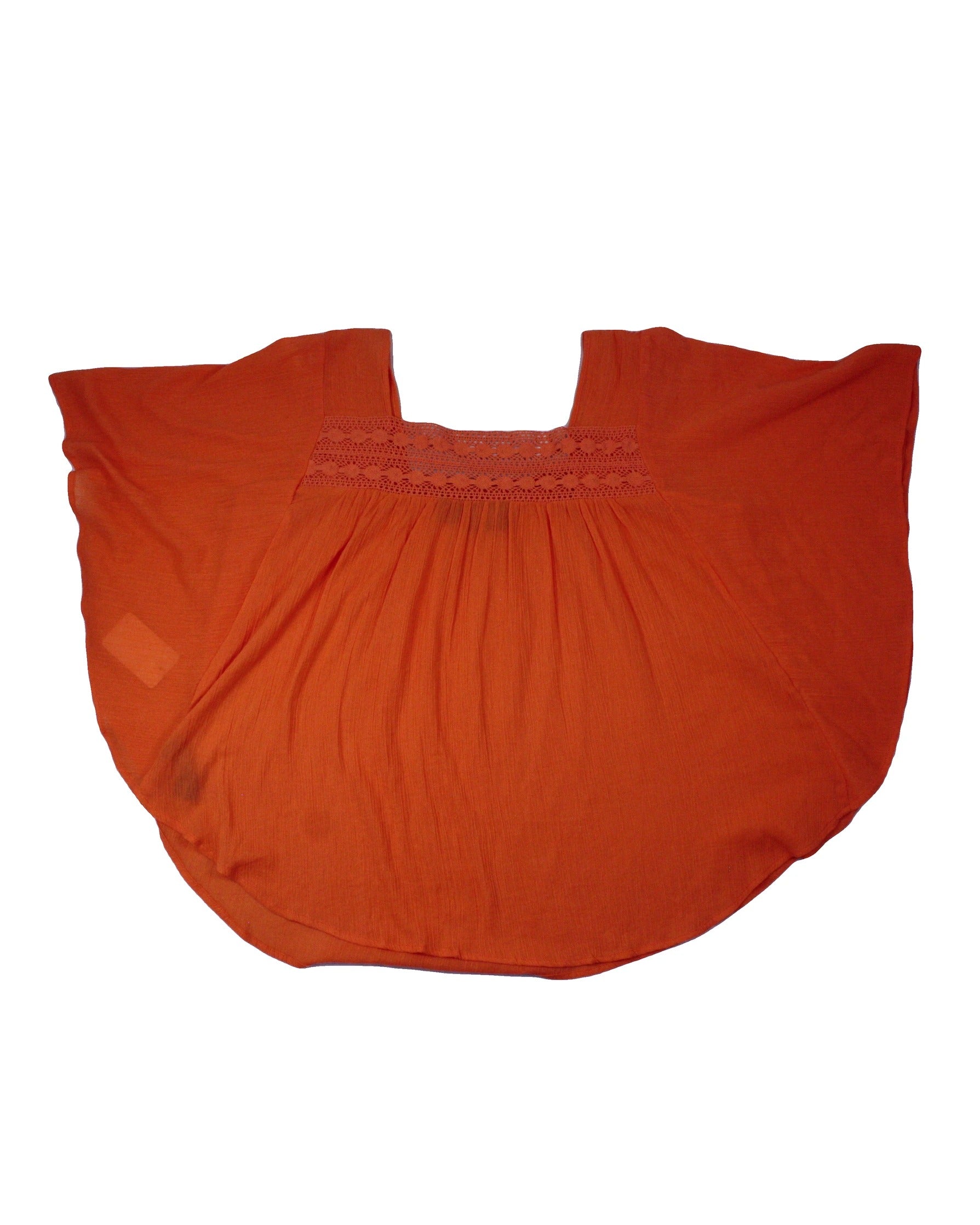 No Brand Women's Orange Cotton Short Sleeve Top with Square Neck and Lace Detail – Size L