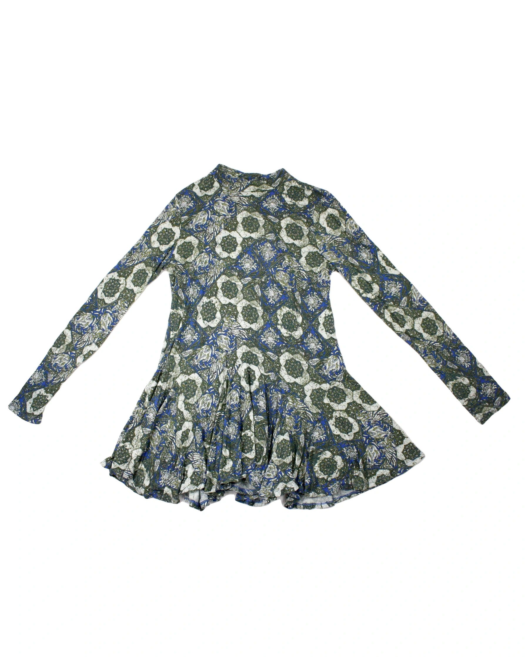 Free People Women's Blue/Green/Grey Abstract Long Sleeve Mini Dress with Mock Neck – Size L