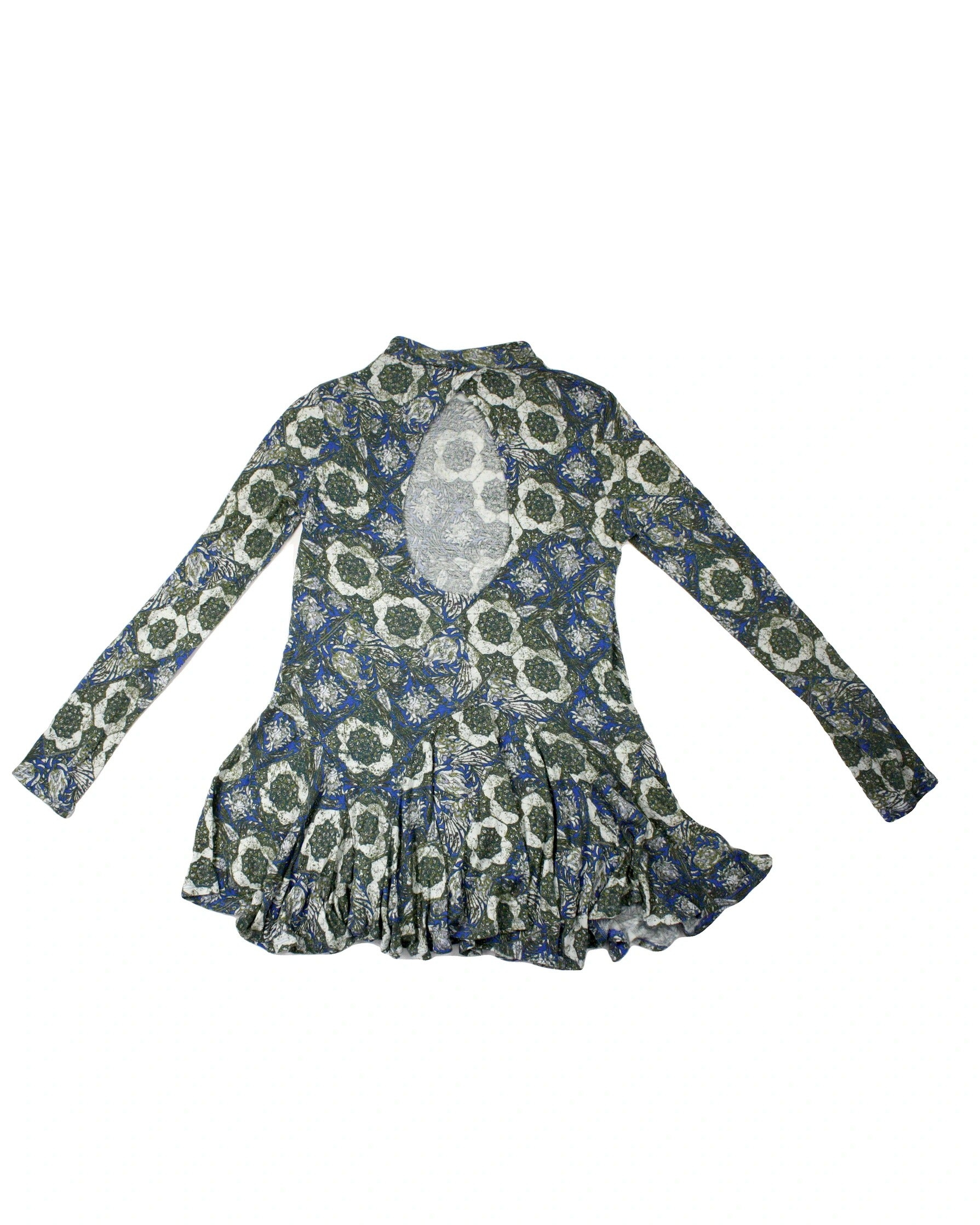 Free People Women's Blue/Green/Grey Abstract Long Sleeve Mini Dress with Mock Neck – Size L
