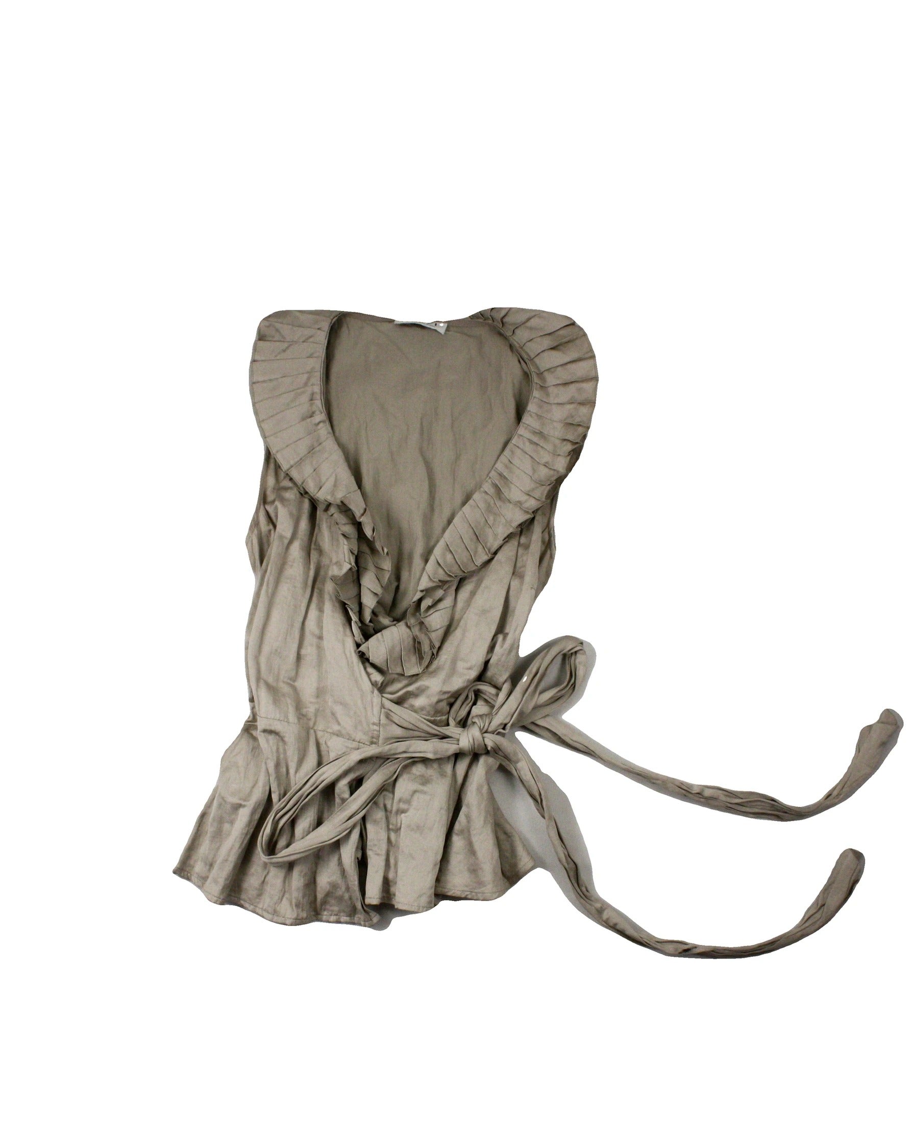 Tuzzi Women's Taupe Sleeveless Wrap Top with Pleated Neckline and Sheen Finish – Size 10