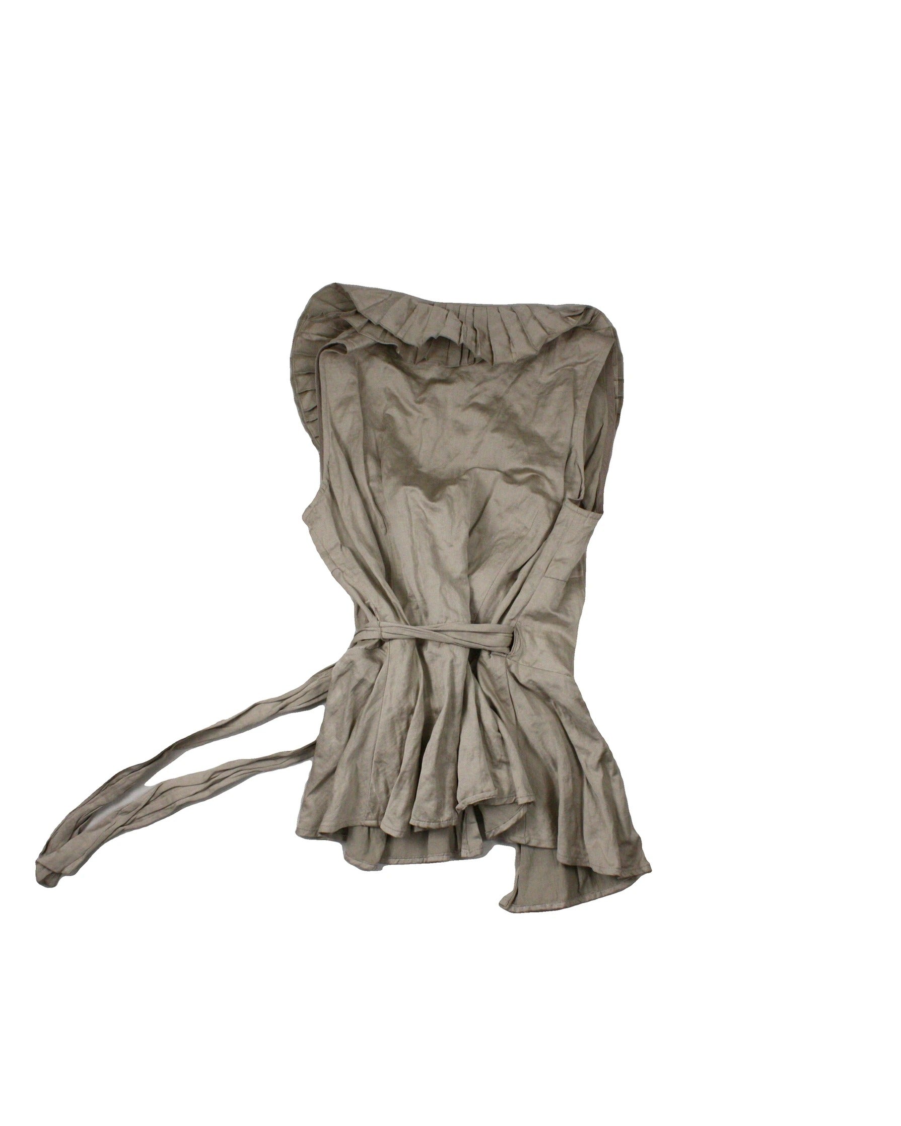Tuzzi Women's Taupe Sleeveless Wrap Top with Pleated Neckline and Sheen Finish – Size 10