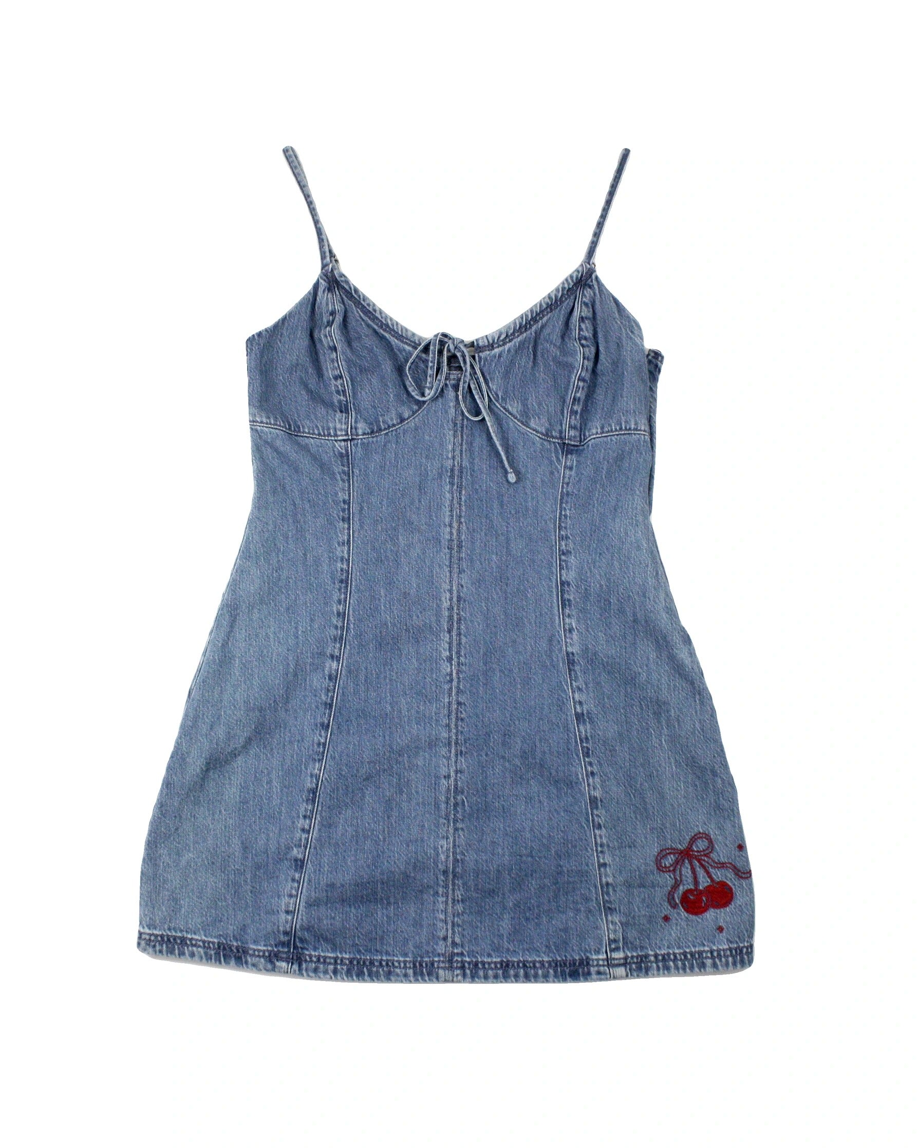 Hollister Women's Blue/Red Denim Spaghetti Strap Mini Dress with Cherry Embroidery – Size M