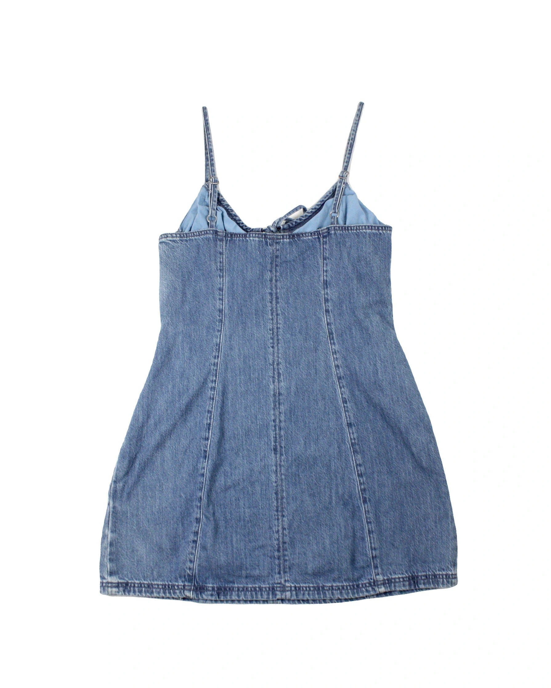 Hollister Women's Blue/Red Denim Spaghetti Strap Mini Dress with Cherry Embroidery – Size M