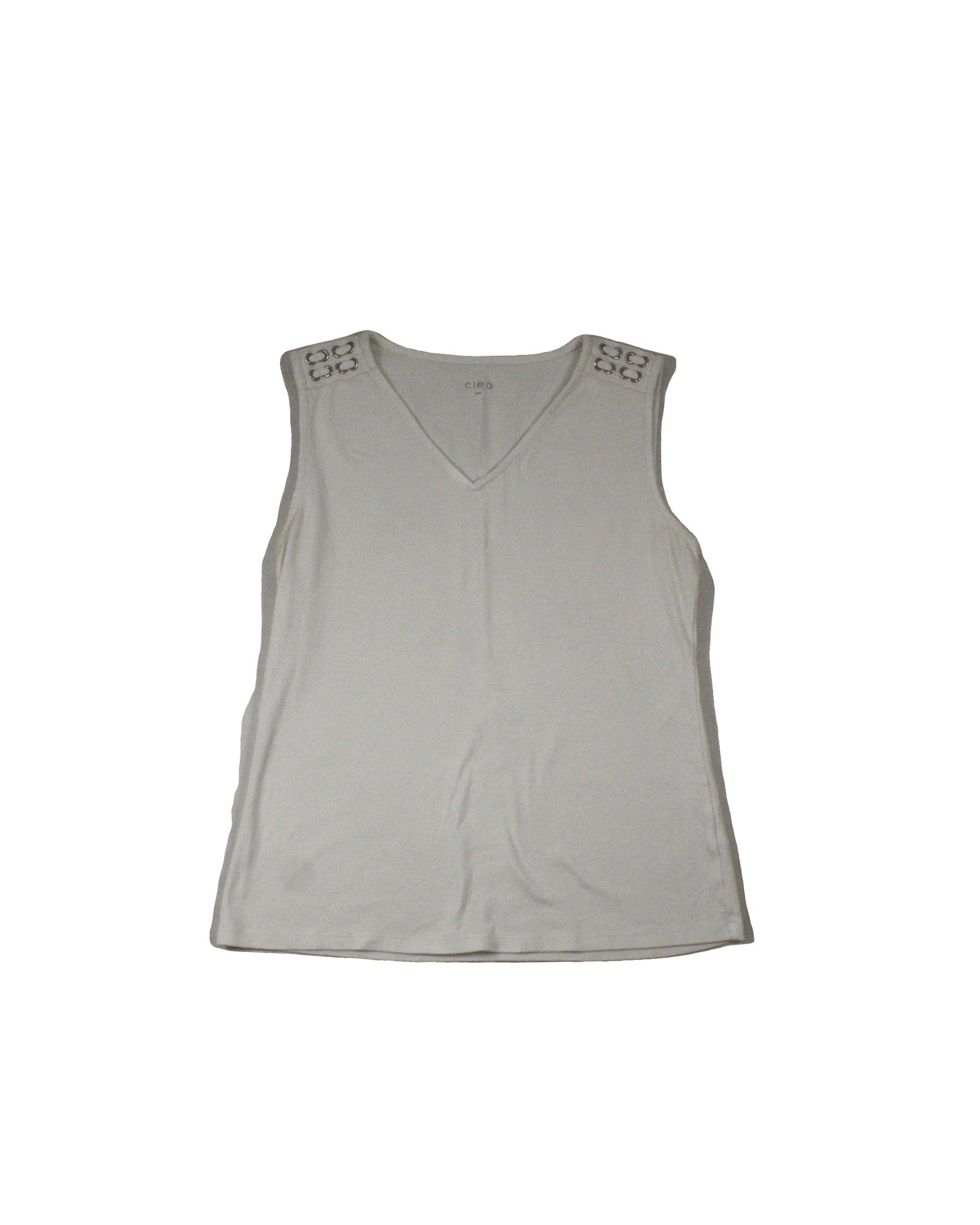 Cleo Women's White Sleeveless Top with V-Neck, Shoulder Eyelets, and Silver Hardware – Size M