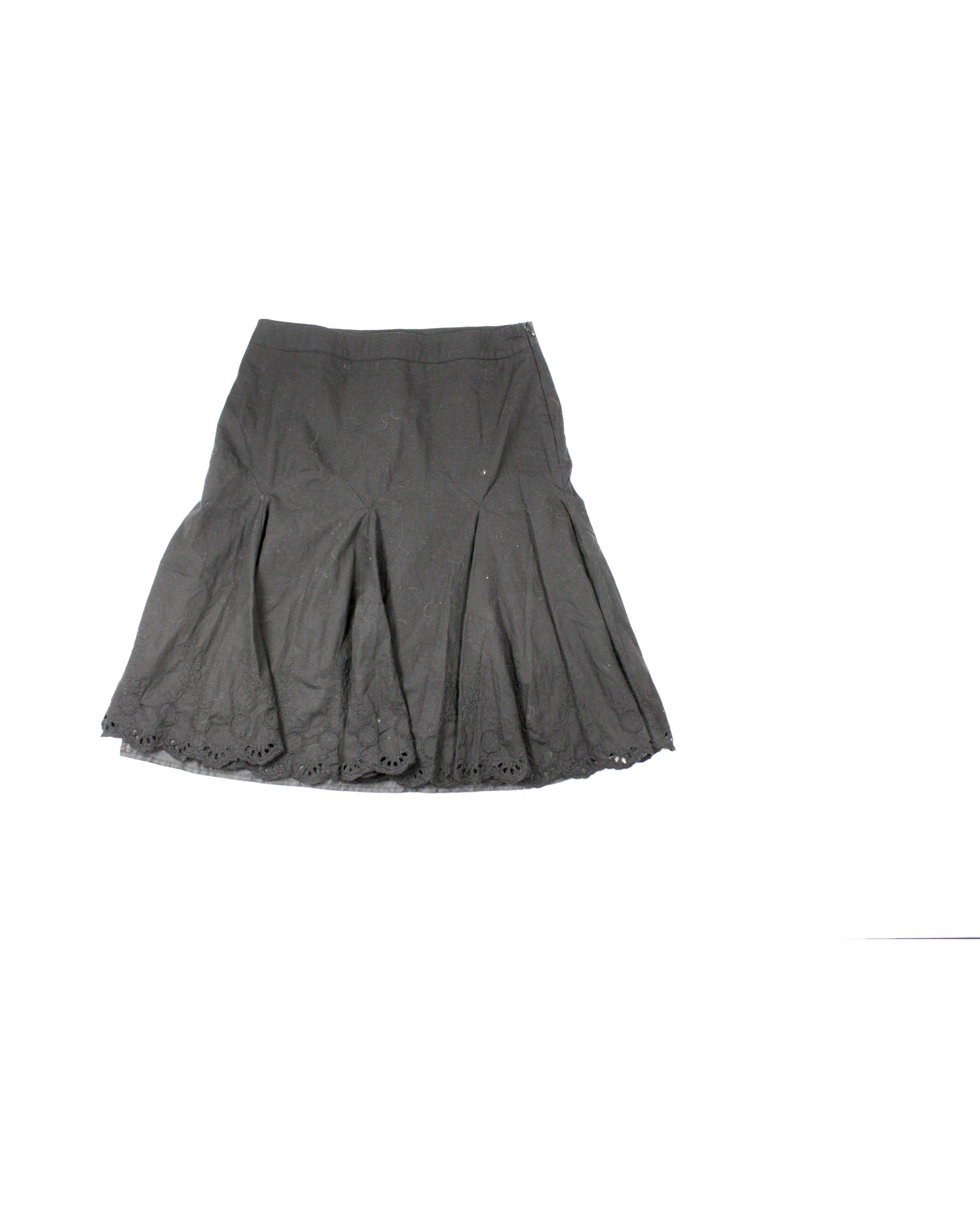 DaliaCollection Women's Black Flared Midi Skirt with Eyelet Hem – Waist 30