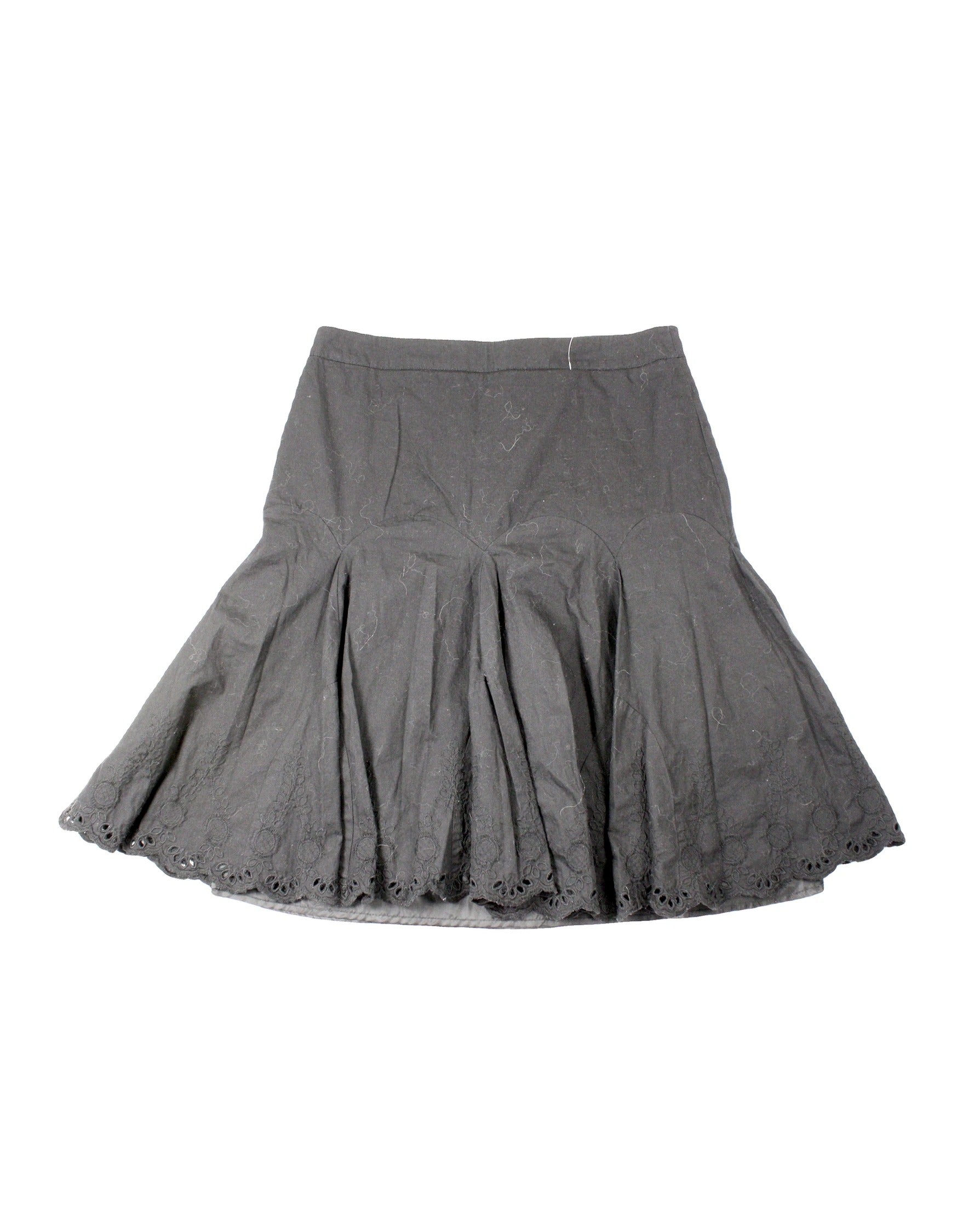 DaliaCollection Women's Black Flared Midi Skirt with Eyelet Hem – Waist 30