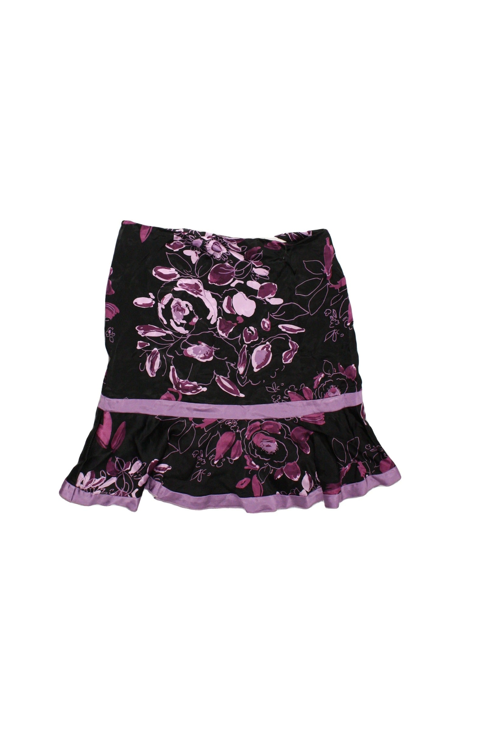 bebe Women's Black/Mauve/Purple Floral Knee-Length Skirt with Curved Yoke – Waist 30