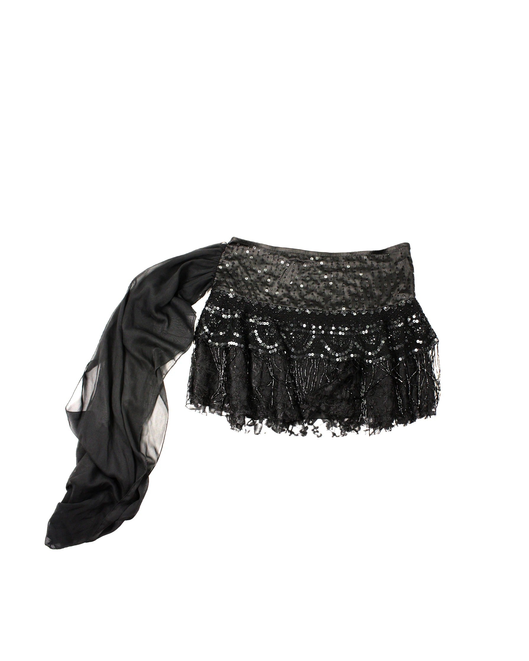 Le Chateau Women's Black Lace Mini Skirt with Sequin Beaded Hem and Waist Tie – Waist 32