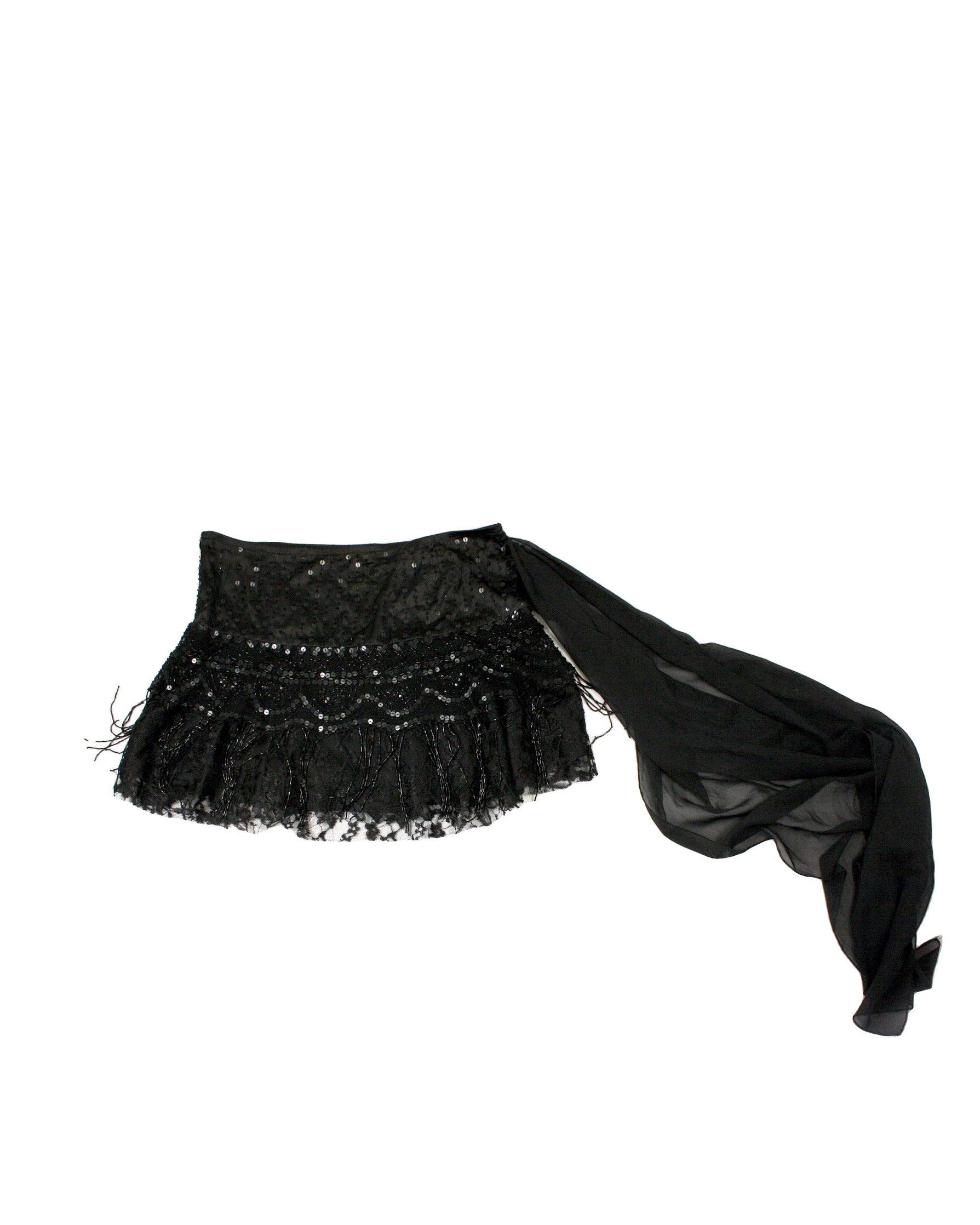 Le Chateau Women's Black Lace Mini Skirt with Sequin Beaded Hem and Waist Tie – Waist 32