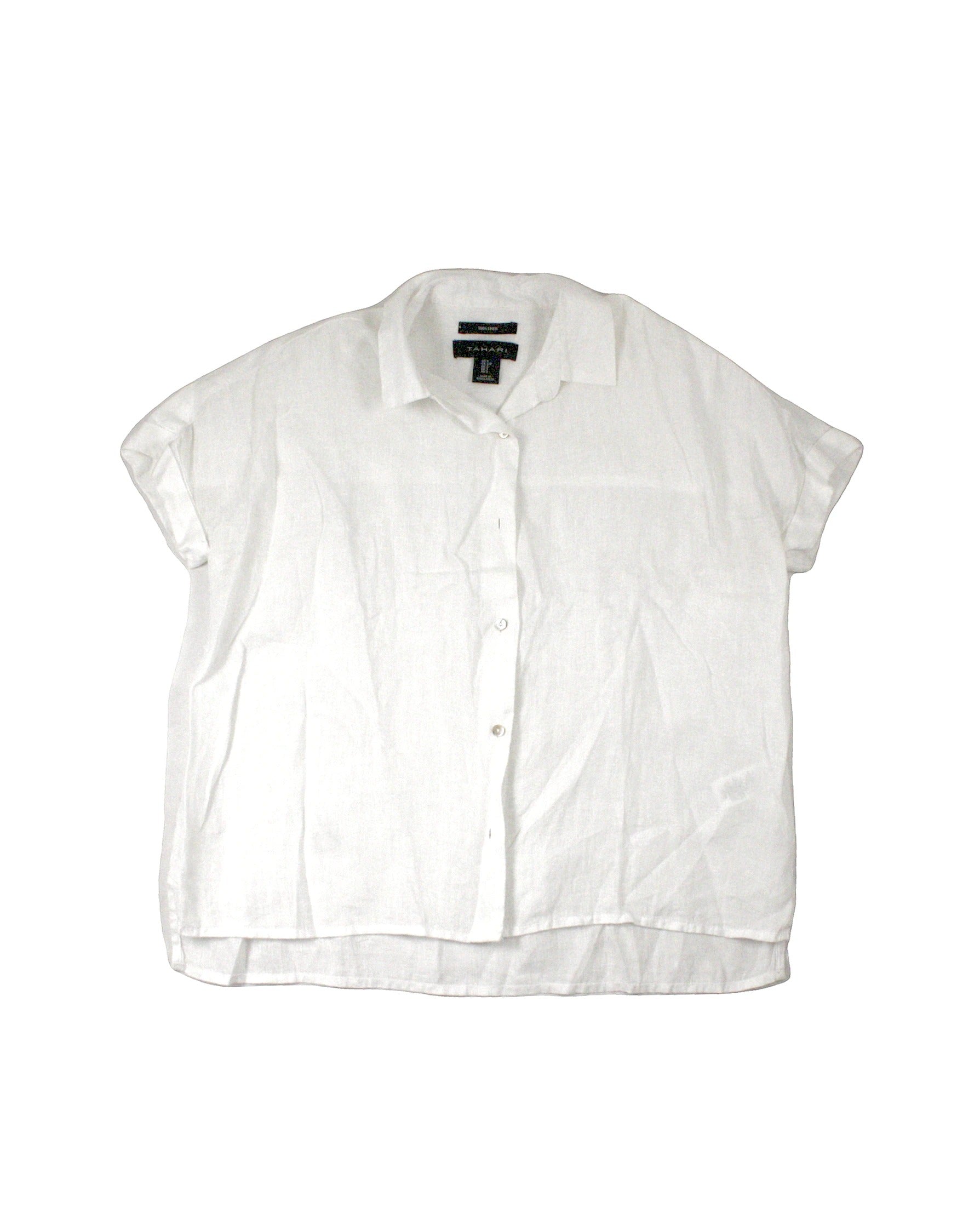 Tahari Women's White Linen Short Sleeve Shirt with Iridescent Buttons and Side Slits – Size S