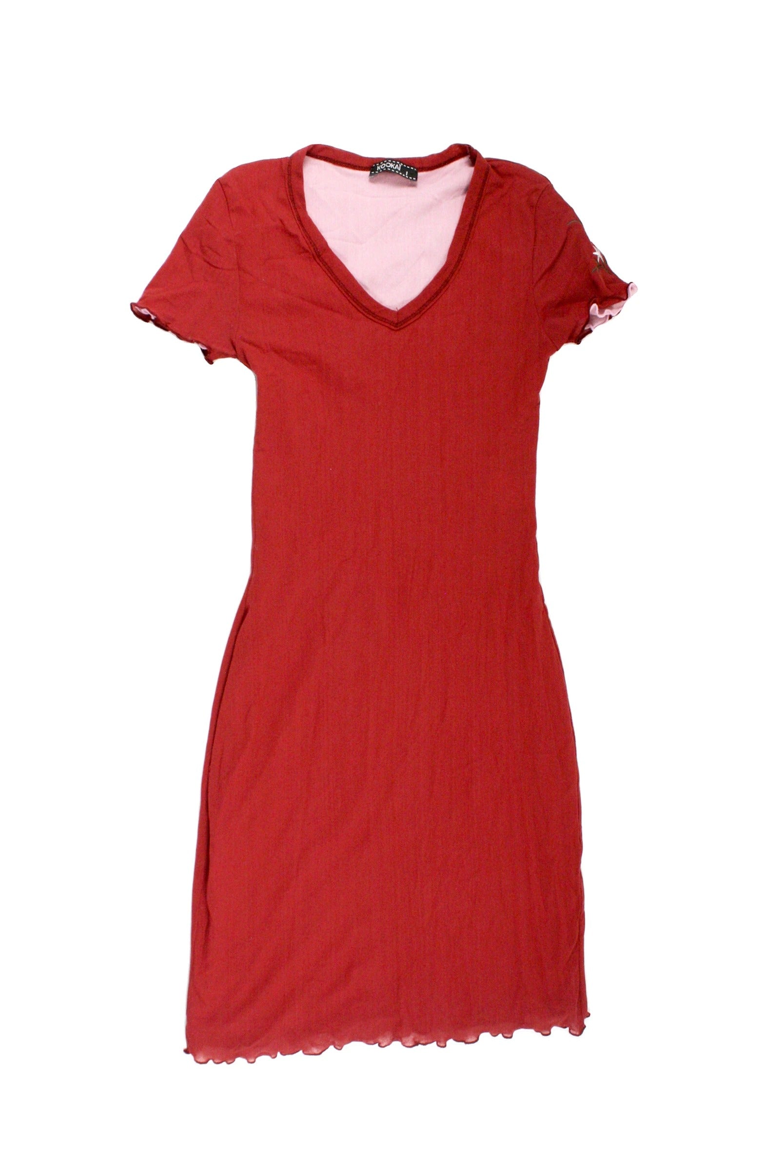 Kookai Women's Maroon/Pink Short Sleeve Midi Dress with Floral Embroidered Sleeves – Size 1