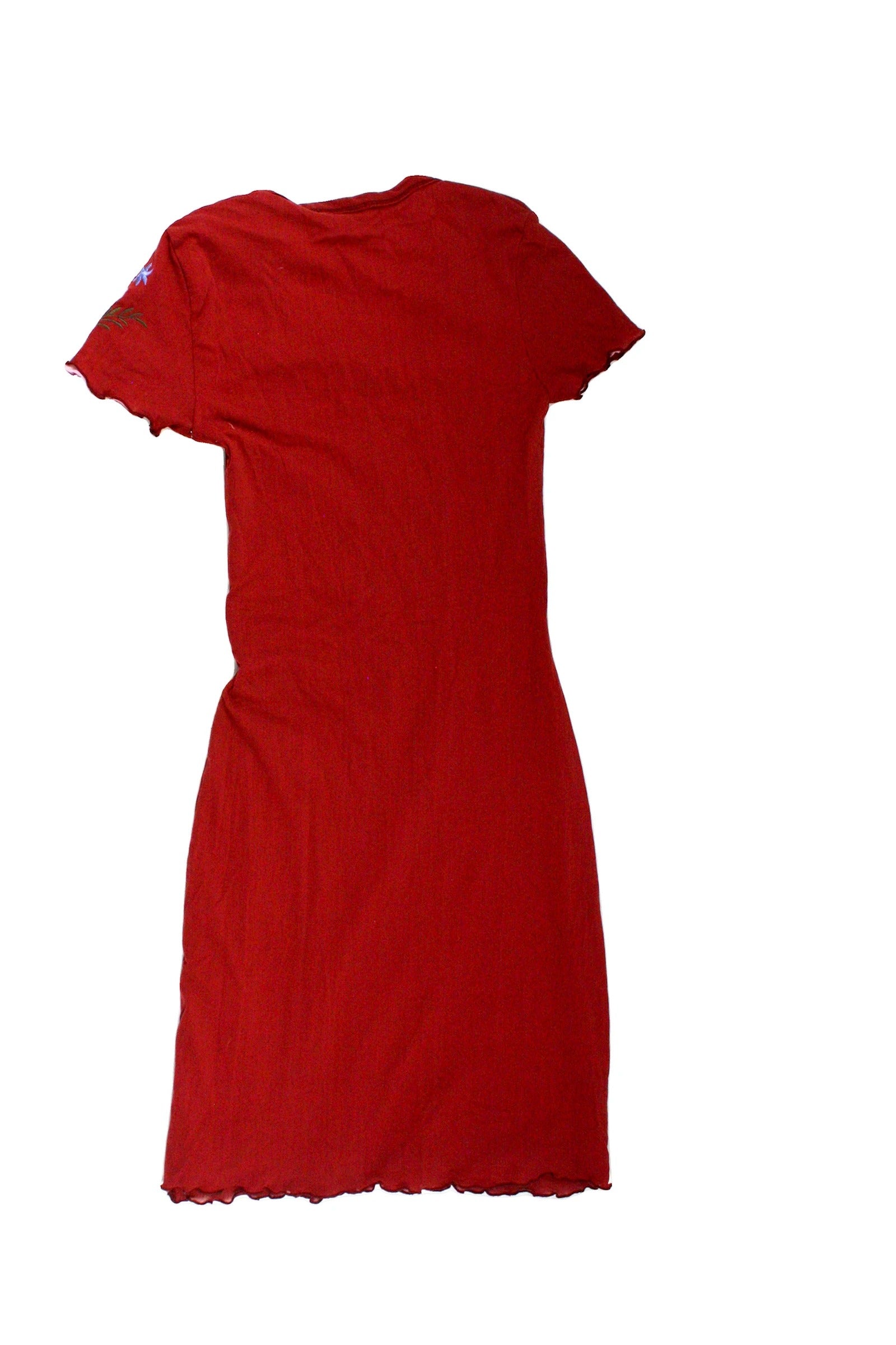 Kookai Women's Maroon/Pink Short Sleeve Midi Dress with Floral Embroidered Sleeves – Size 1