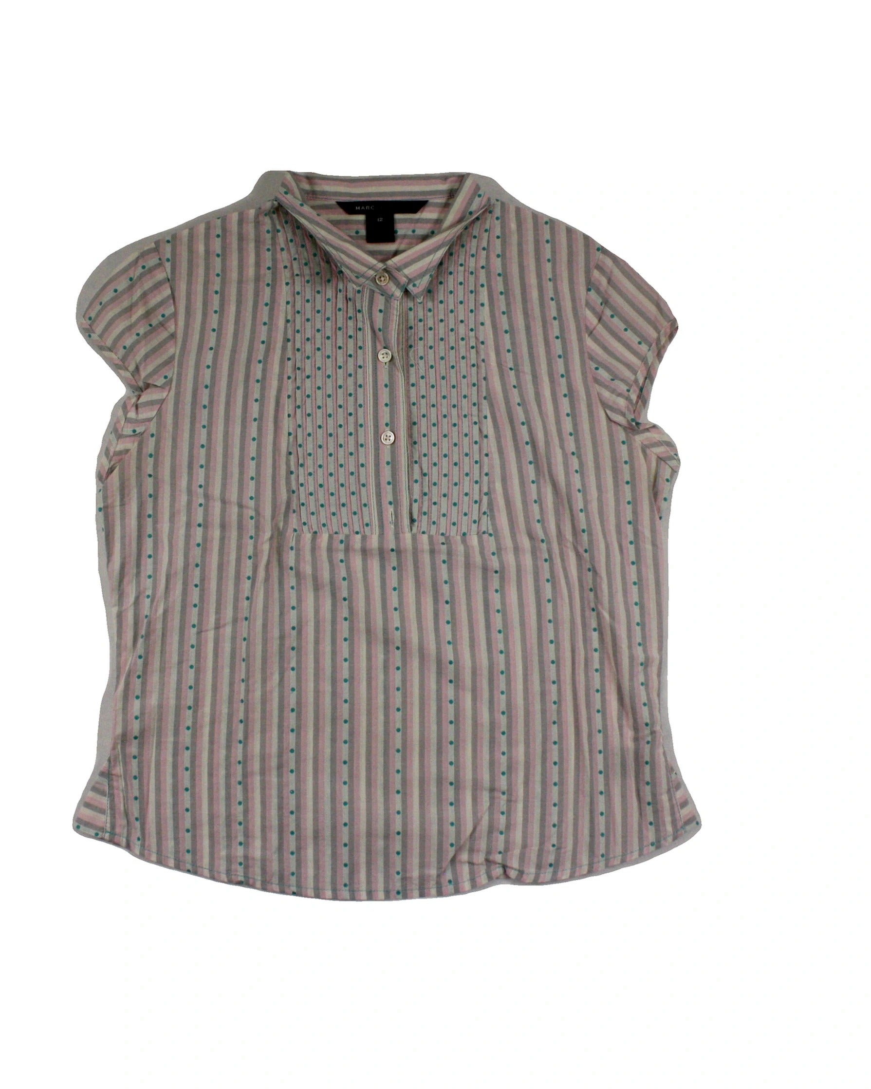 Marc Jacobs Women's Pink/Grey/Cream/Blue Short Sleeve Top with Pintucks – Size 12