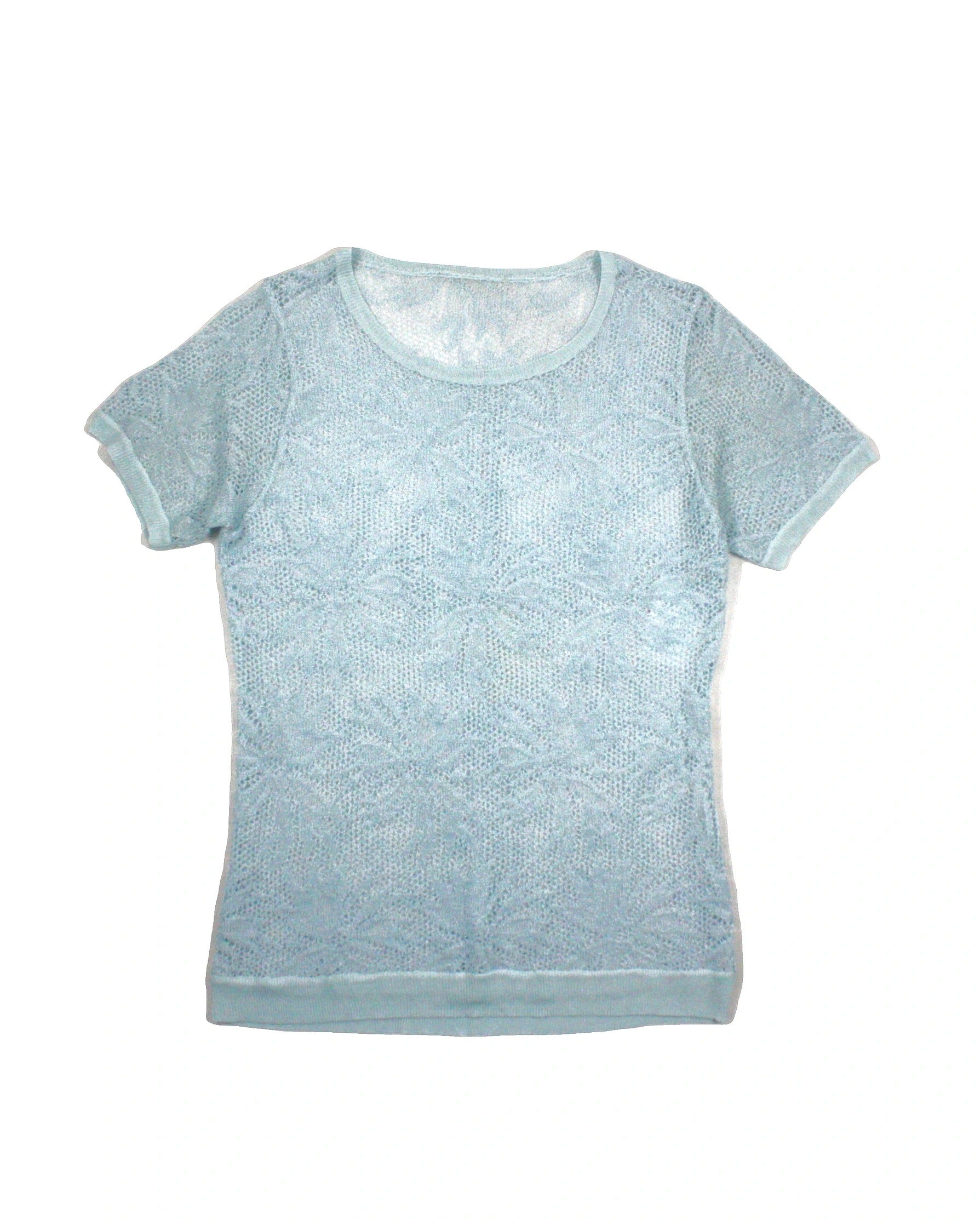 Women's Light Blue Lace Short Sleeve Top with Round Neck