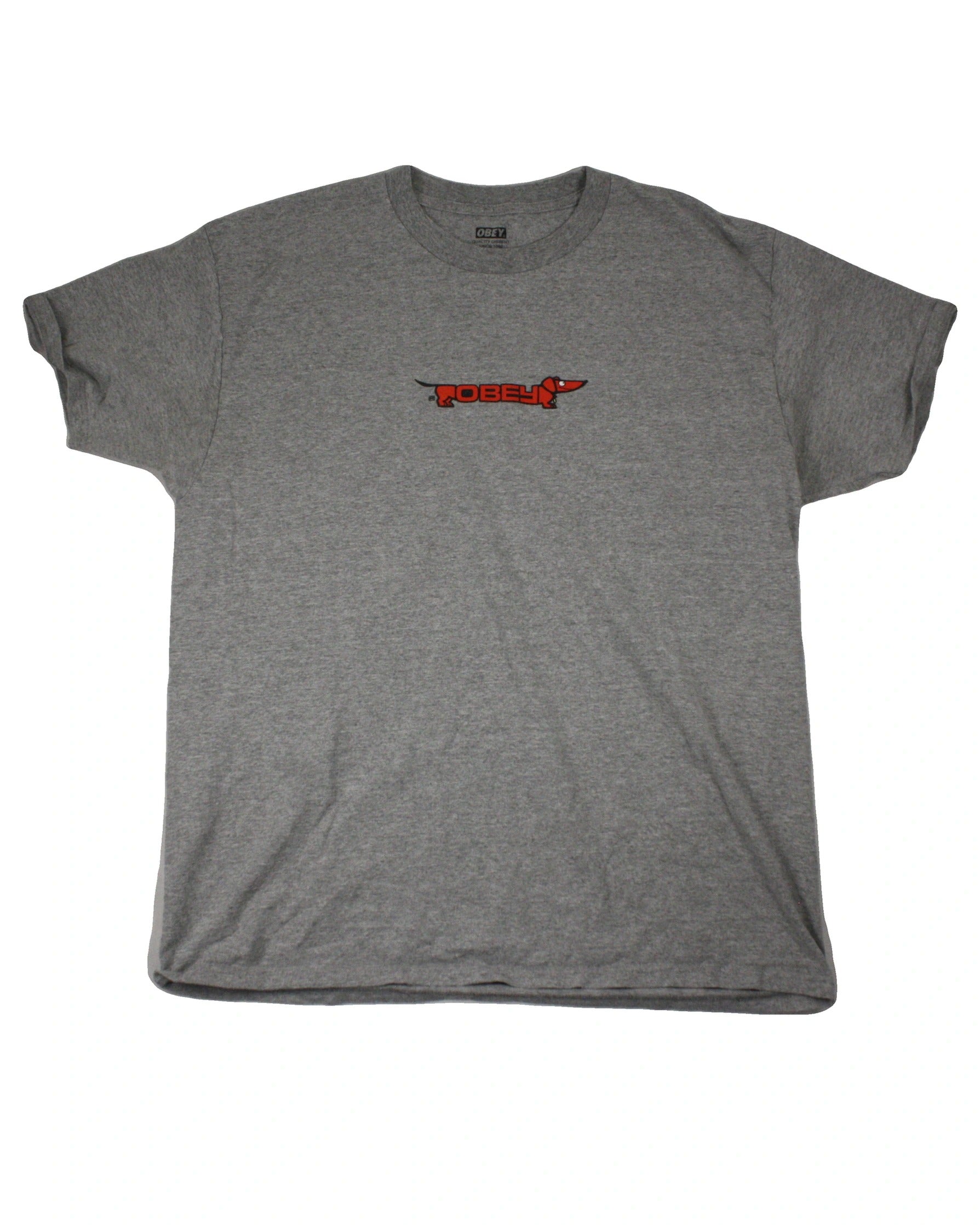Obey Men's Grey/Orange/Black Short Sleeve Dog Logo Graphic Top