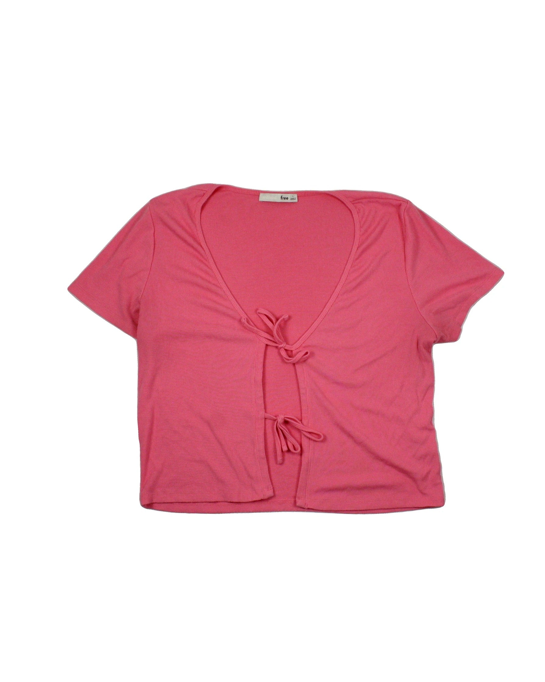 Wilfred Free Women's Pink Rib-Knit Short Sleeve Top with Front Ties – Size L