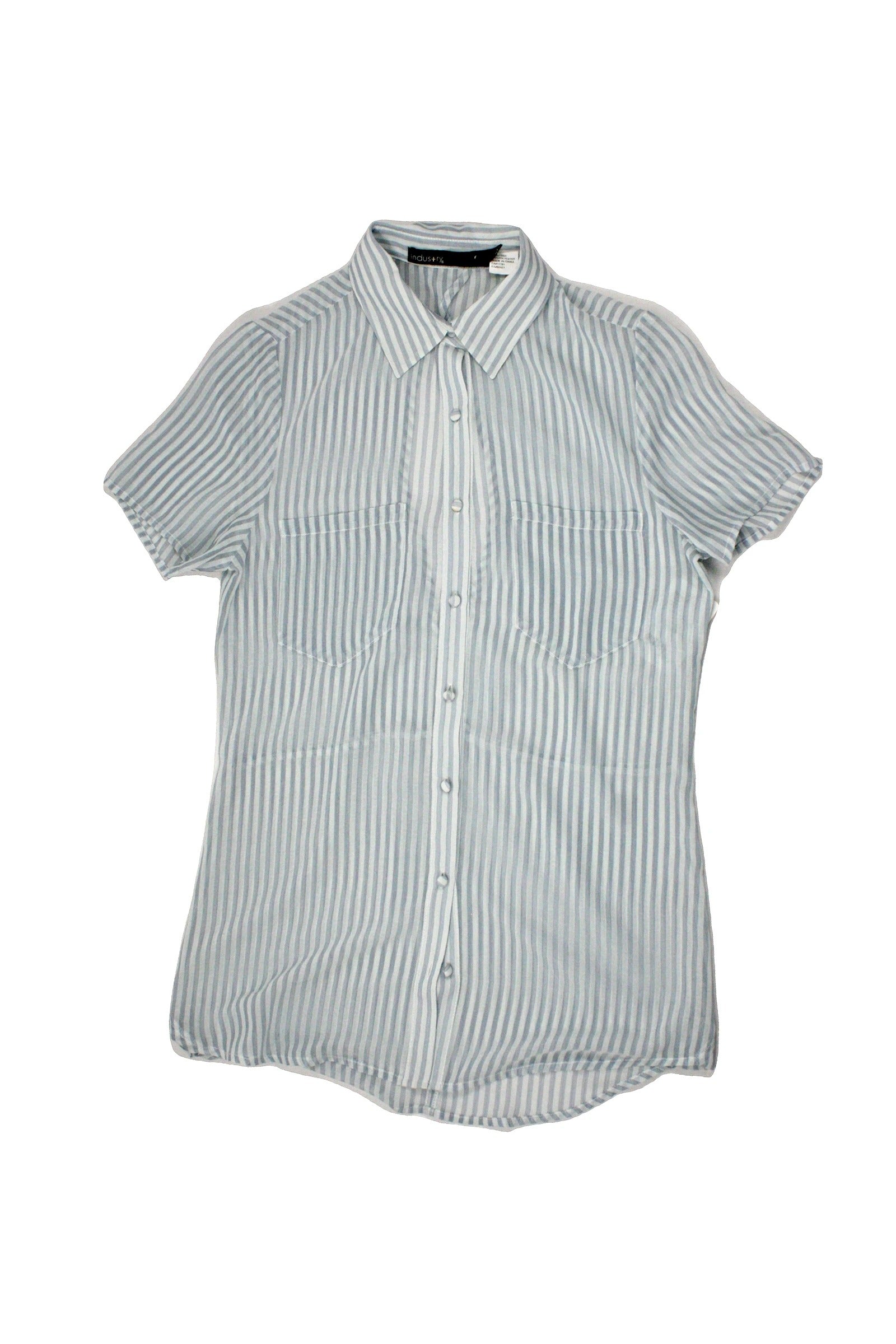 Industry Women's Light Blue/Navy Short Sleeve Sheer Shirt with Back Cutout