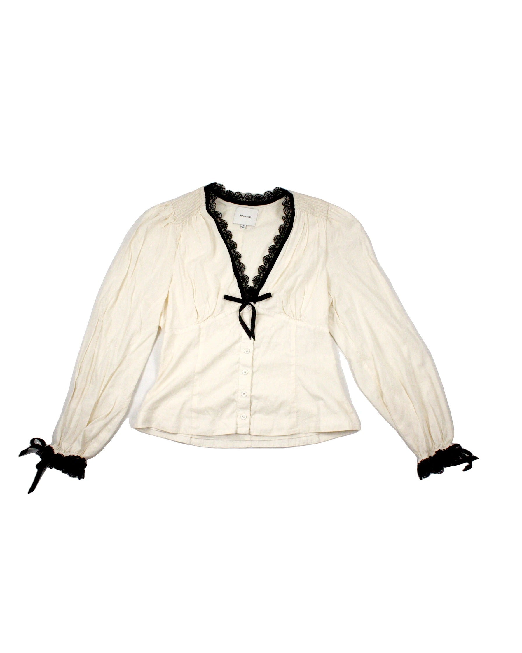 Reformation Women's Cream/Black Long Sleeve Shirt with Bow Neck – Size 10