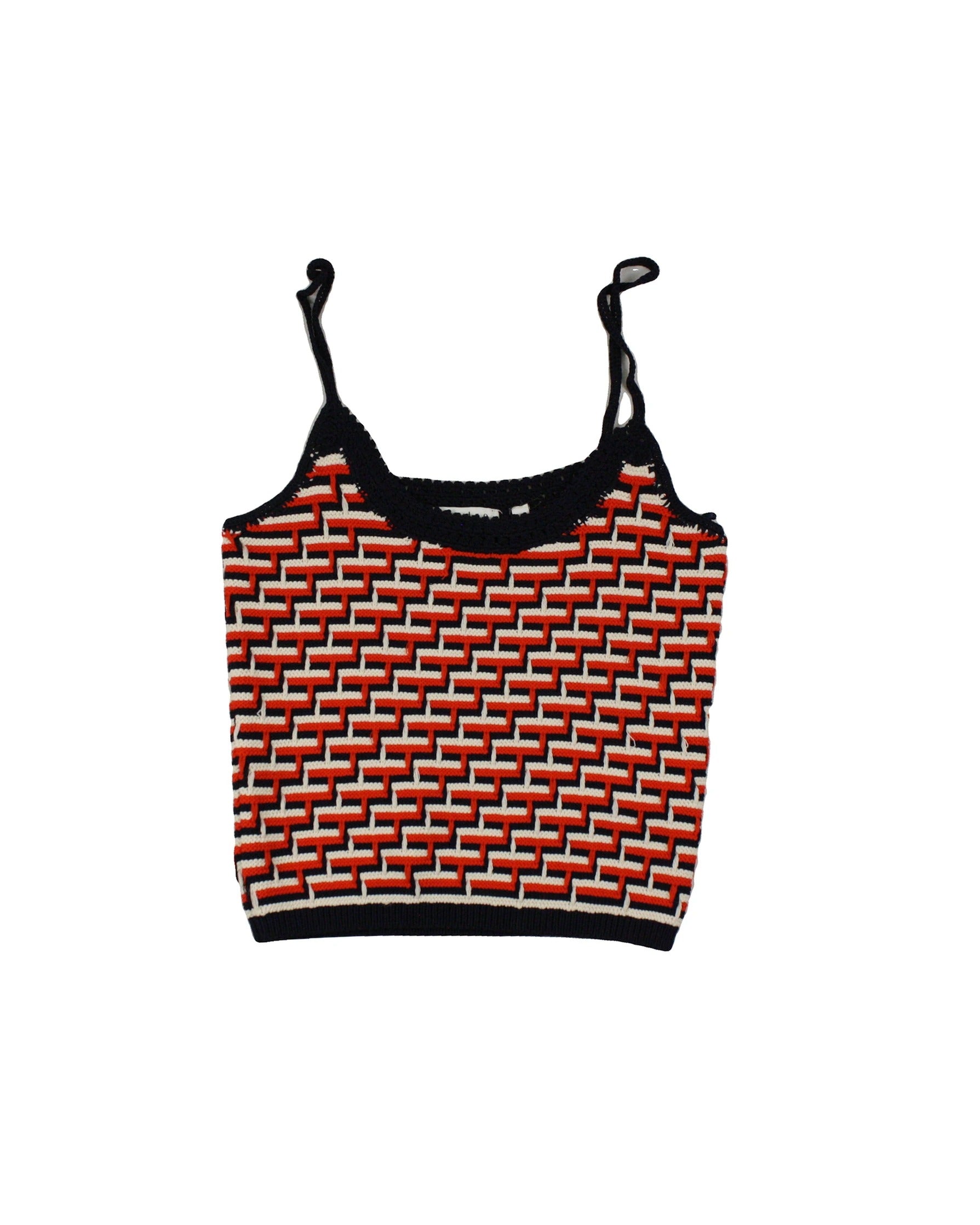 Sandro Women's Red/White/Navy Spaghetti Strap Crop Top with Abstract Pattern – Size 1