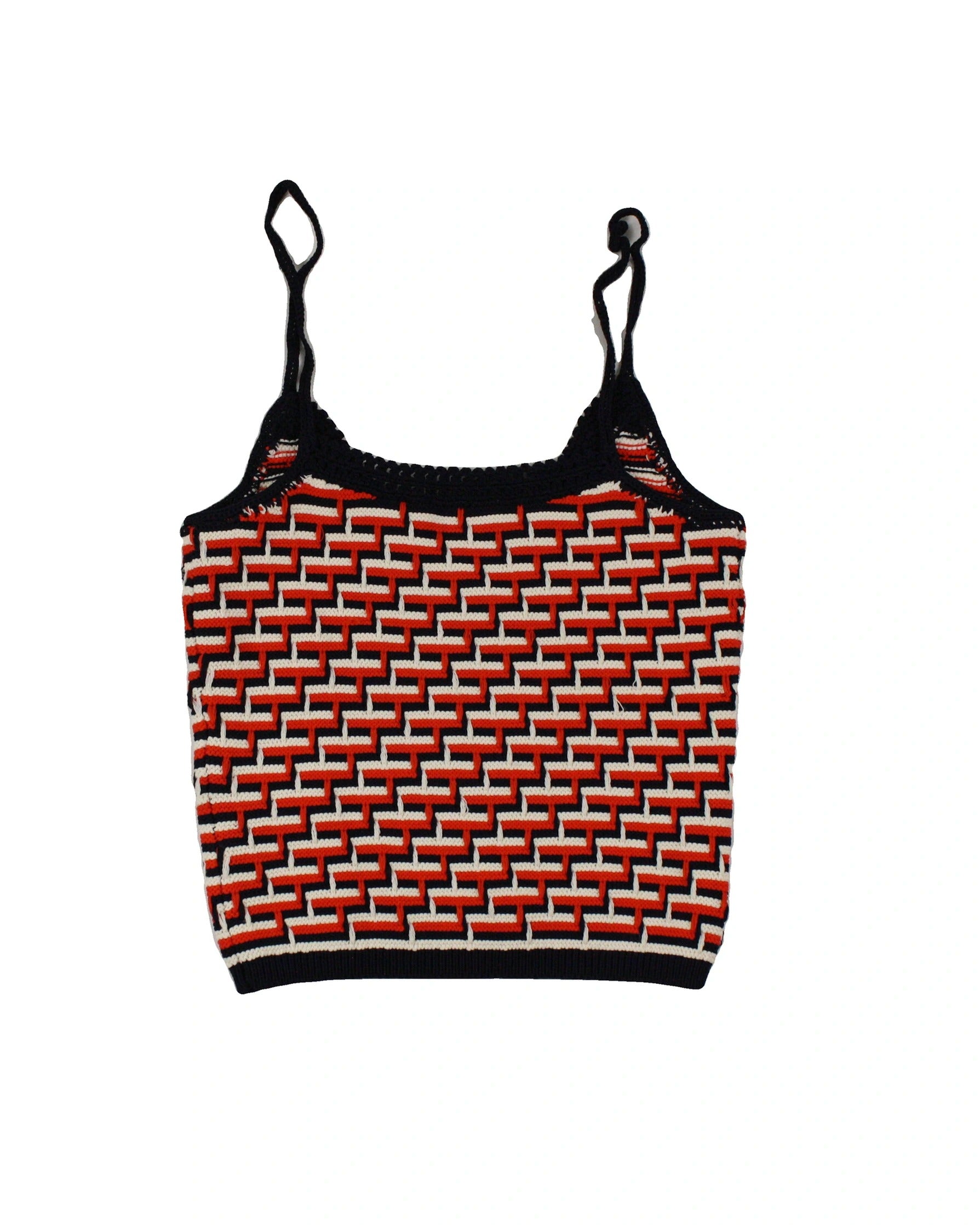 Sandro Women's Red/White/Navy Spaghetti Strap Crop Top with Abstract Pattern – Size 1