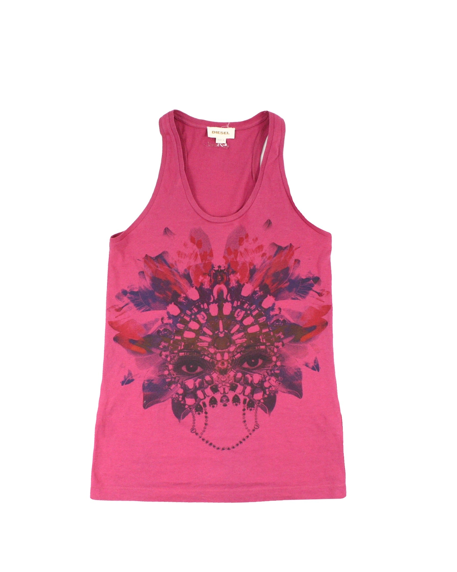 Diesel Women's Magenta/Navy/Black Sleeveless Top with Eye Jewel Graphic – Size S