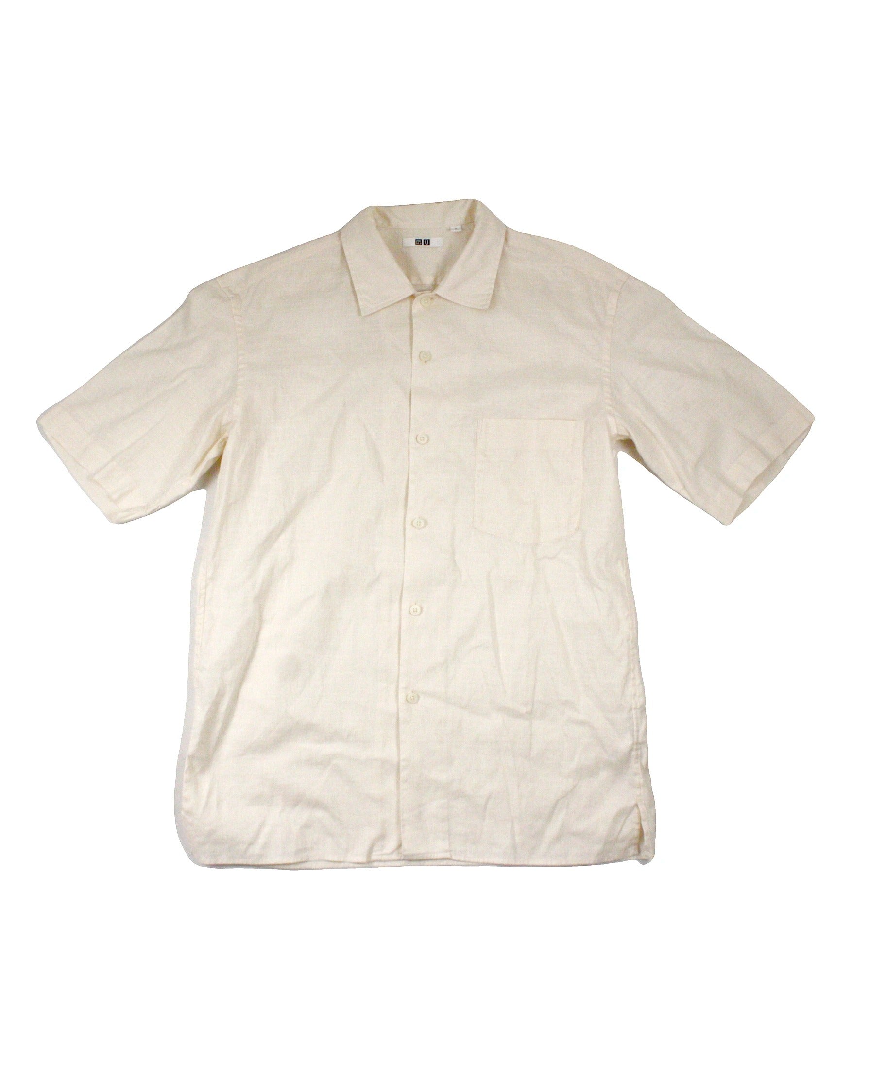 Uniqlo Men's Cream Linen Cotton Short Sleeve Shirt with Pocket – Size Not Listed