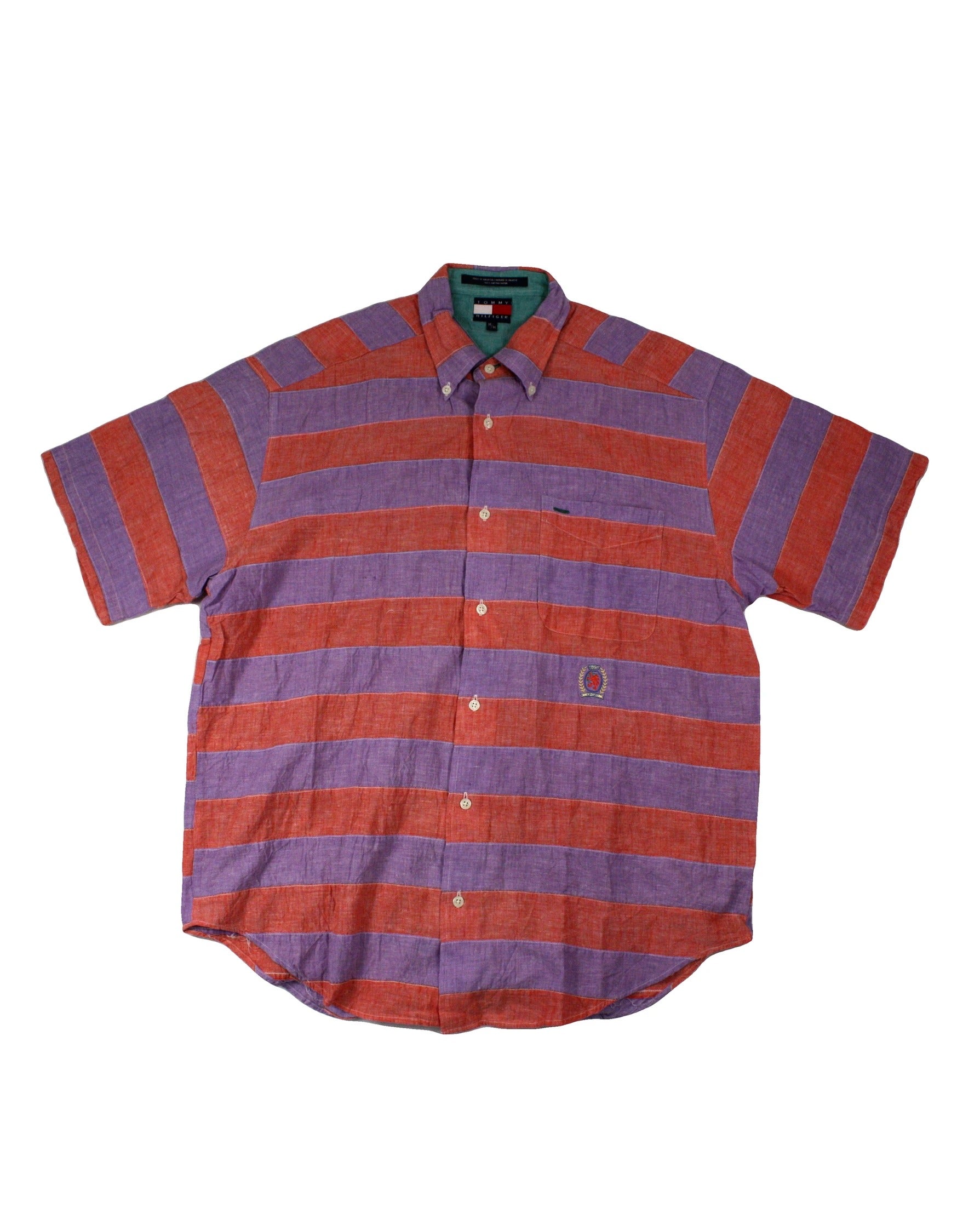Tommy Hilfiger Men's Purple/Orange Striped Short Sleeve Shirt with Pocket – Size M