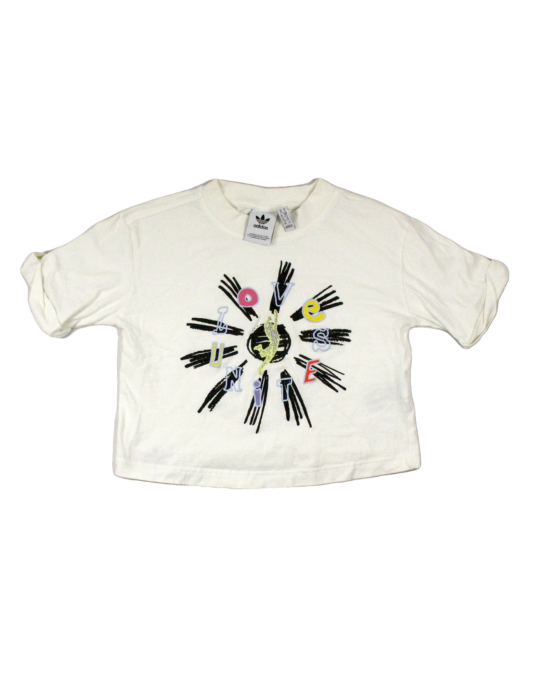 Adidas Women's Cream/Black/Yellow/Blue Love Unites Cropped Short Sleeve Top – Size S