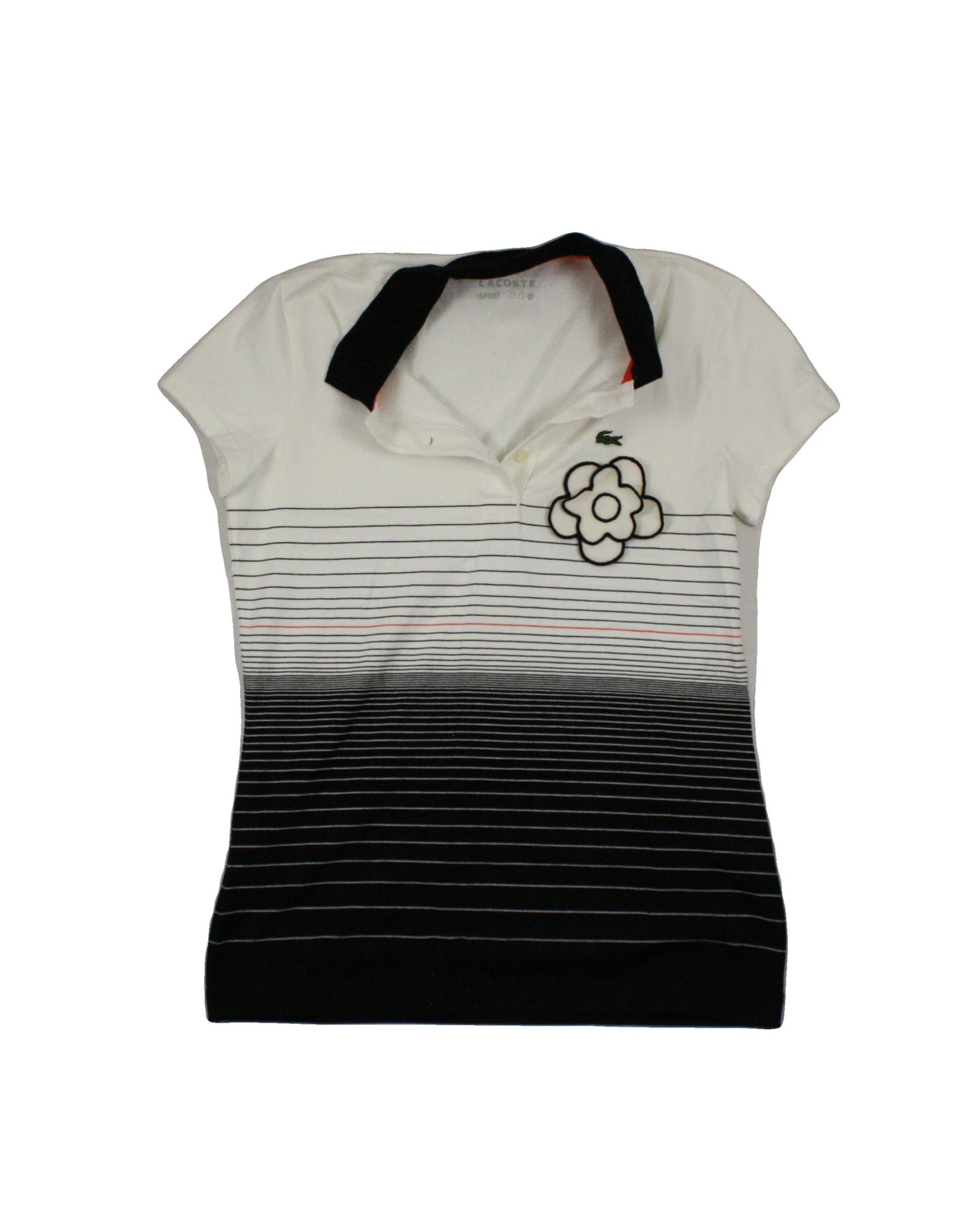 Lacoste Women's White/Black/Orange Short Sleeve Polo Top with 3D Flower – Size M