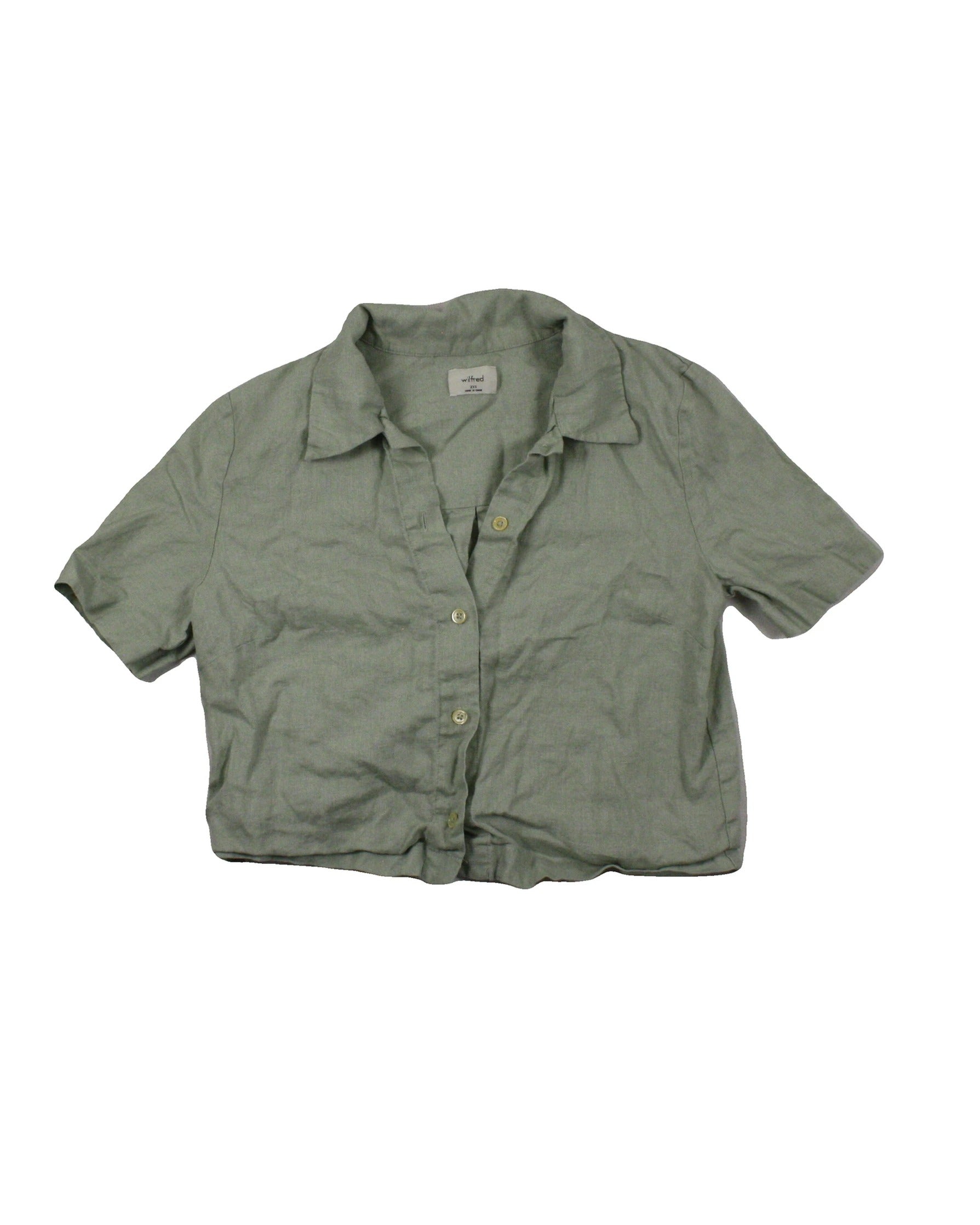 Wilfred Women's Mint Short Sleeve Linen Cropped Shirt with Cream Buttons – Size 2XS