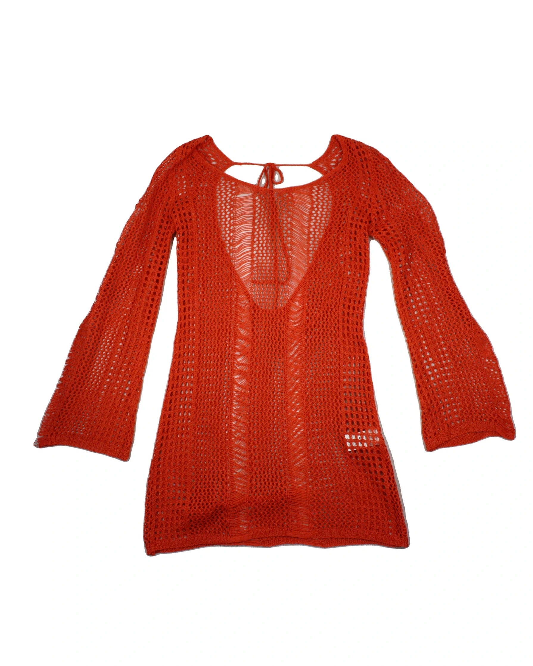 No Brand Women's Orange Long Sleeve Open-Knit Crochet Mini Dress – Size S
