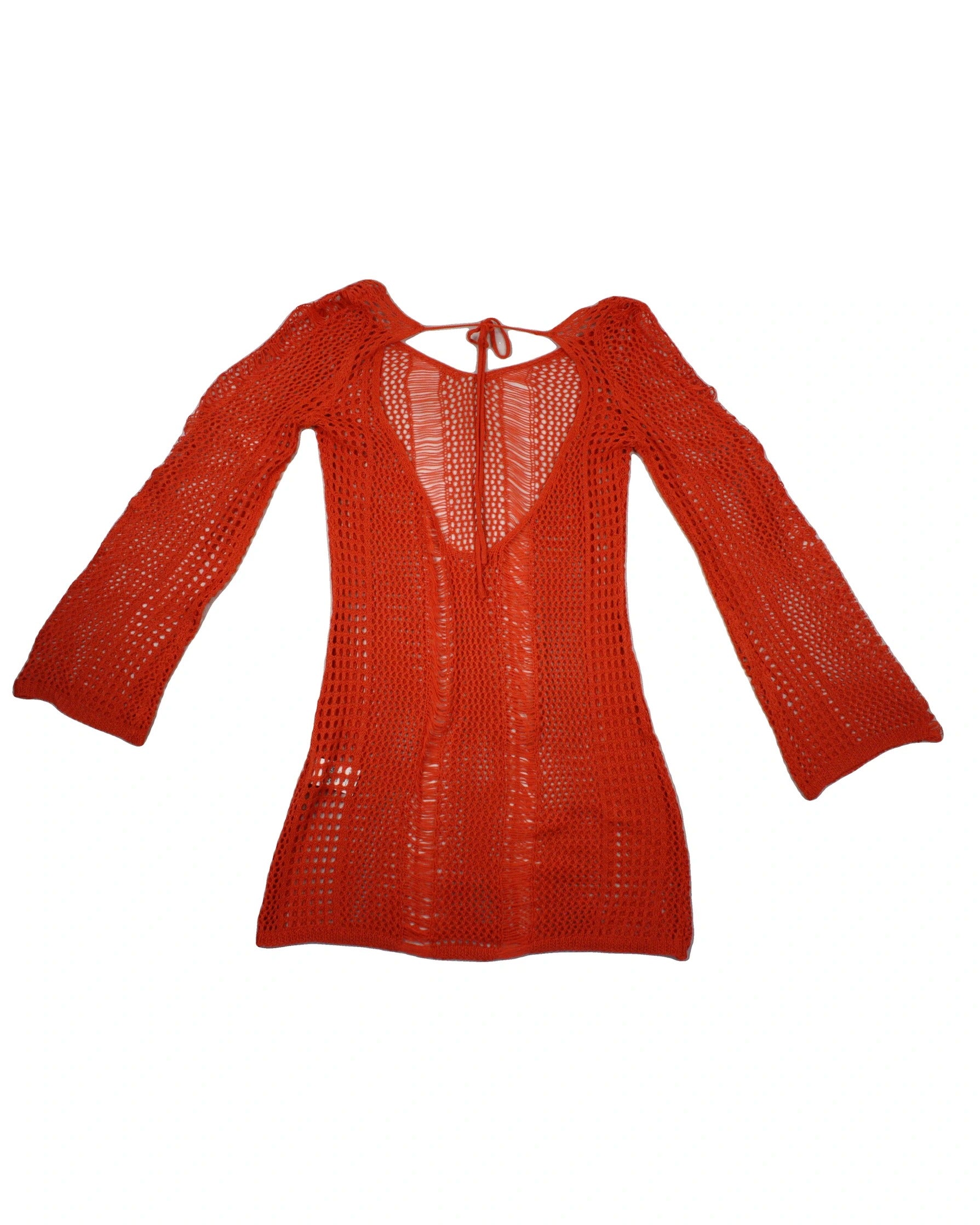 No Brand Women's Orange Long Sleeve Open-Knit Crochet Mini Dress – Size S