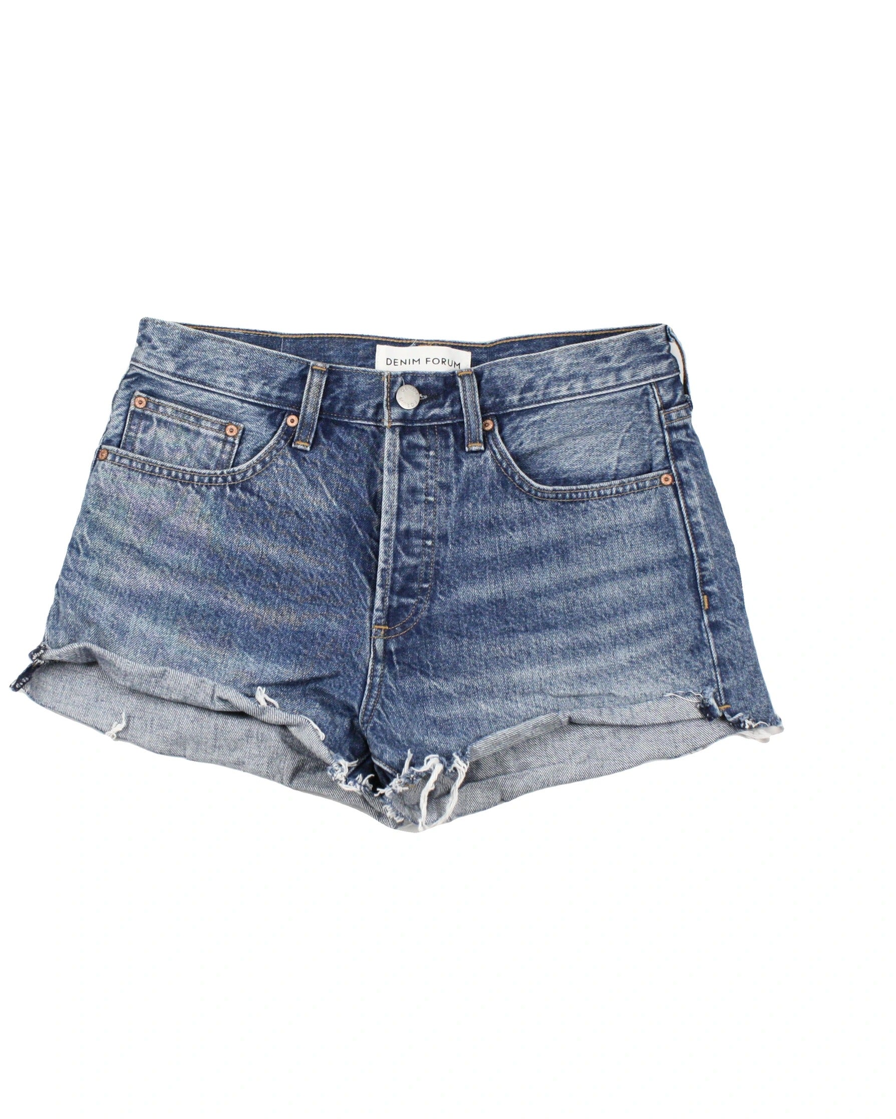 Denim Forum Women's Blue Mid-Wash Denim Shorts with Frayed Hem – Waist 27