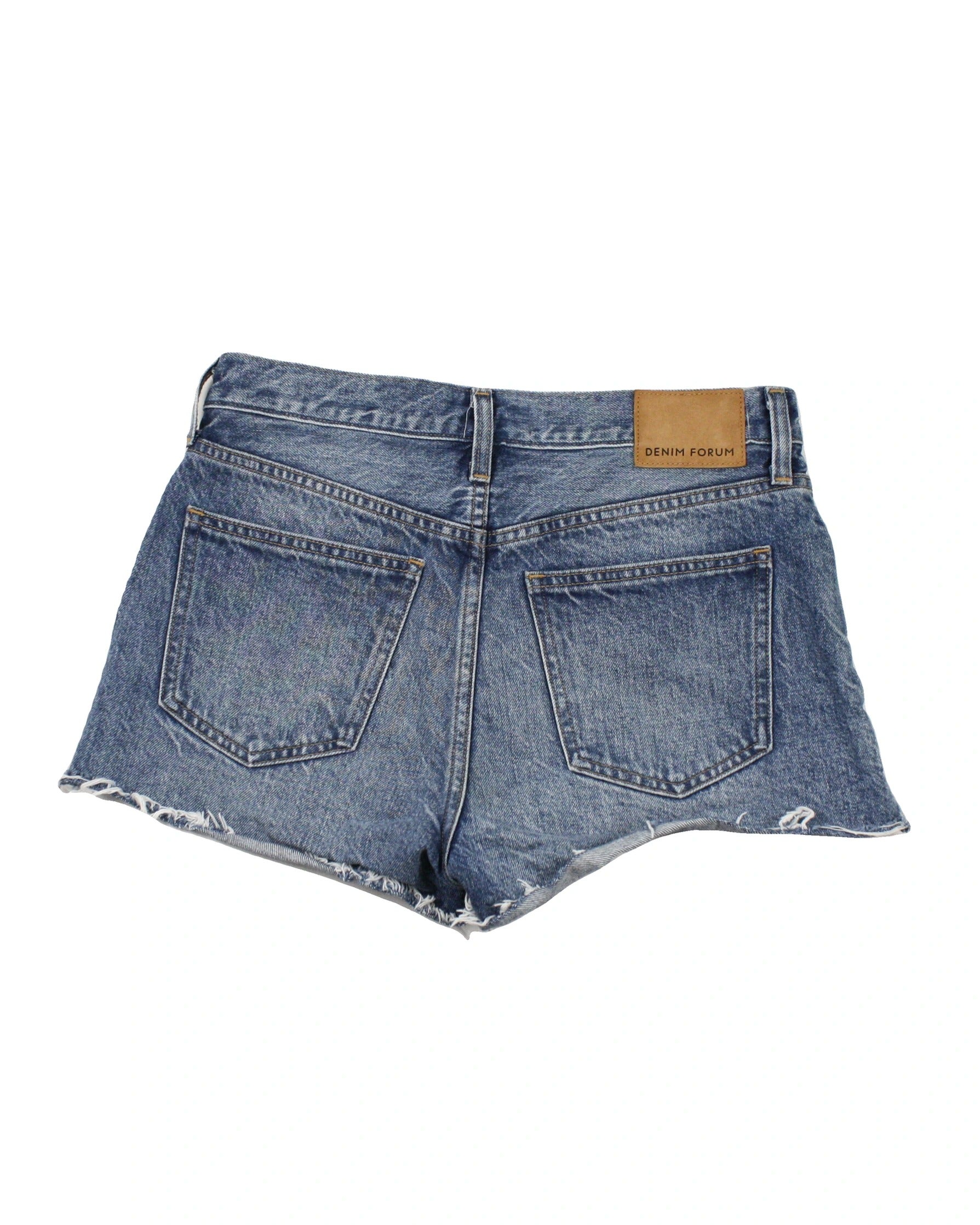 Denim Forum Women's Blue Mid-Wash Denim Shorts with Frayed Hem – Waist 27