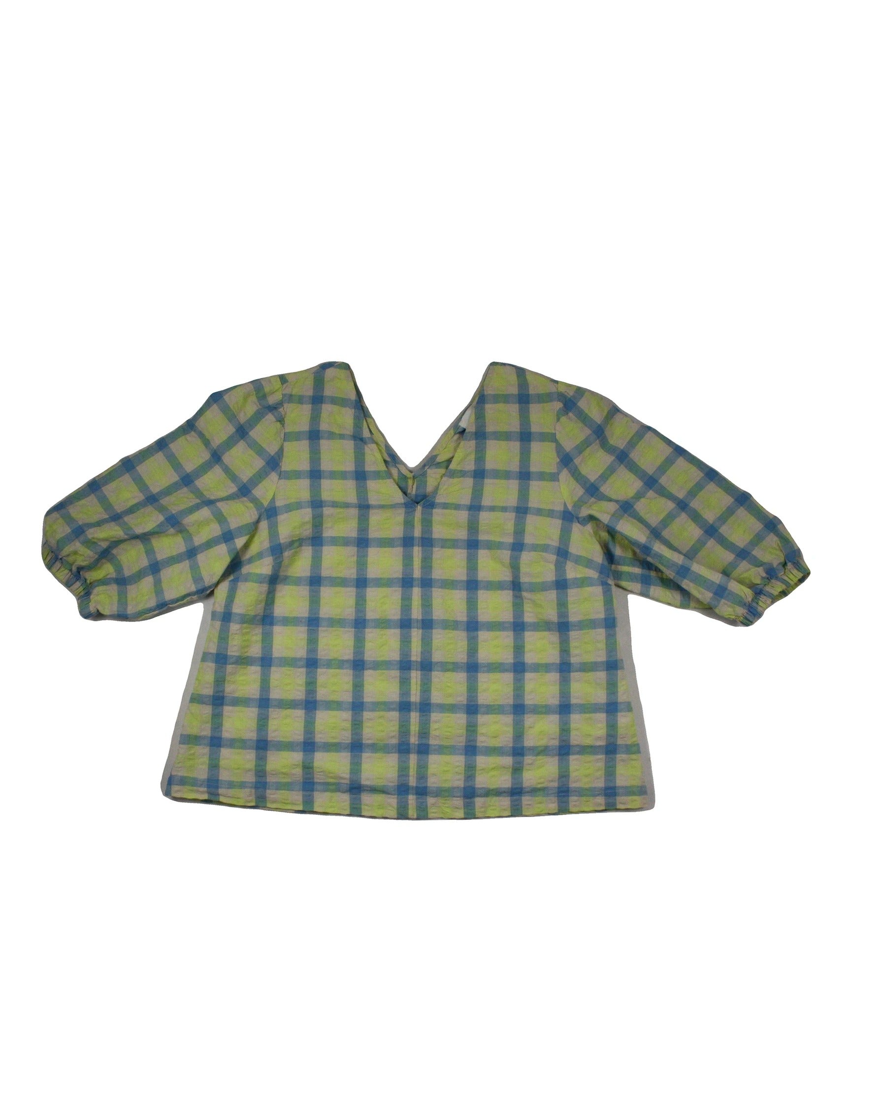 Armedangels Women's Light Green/Blue/Cream Cotton Check Three-Quarter Sleeve Top – Size M