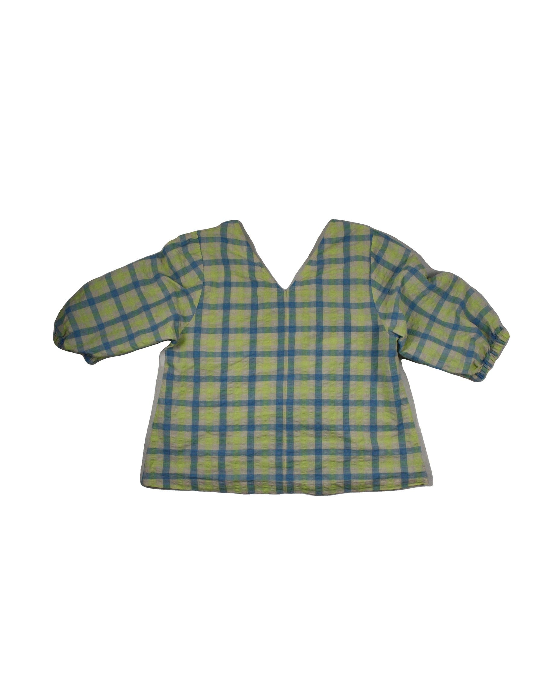 Armedangels Women's Light Green/Blue/Cream Cotton Check Three-Quarter Sleeve Top – Size M