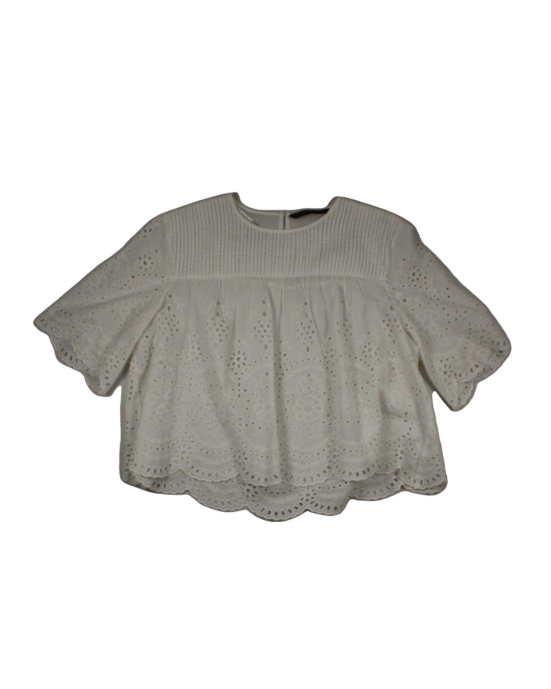 Zara Women's White Three-Quarter Sleeve Top with Pleats and Eyelet Embroidery – Size OP