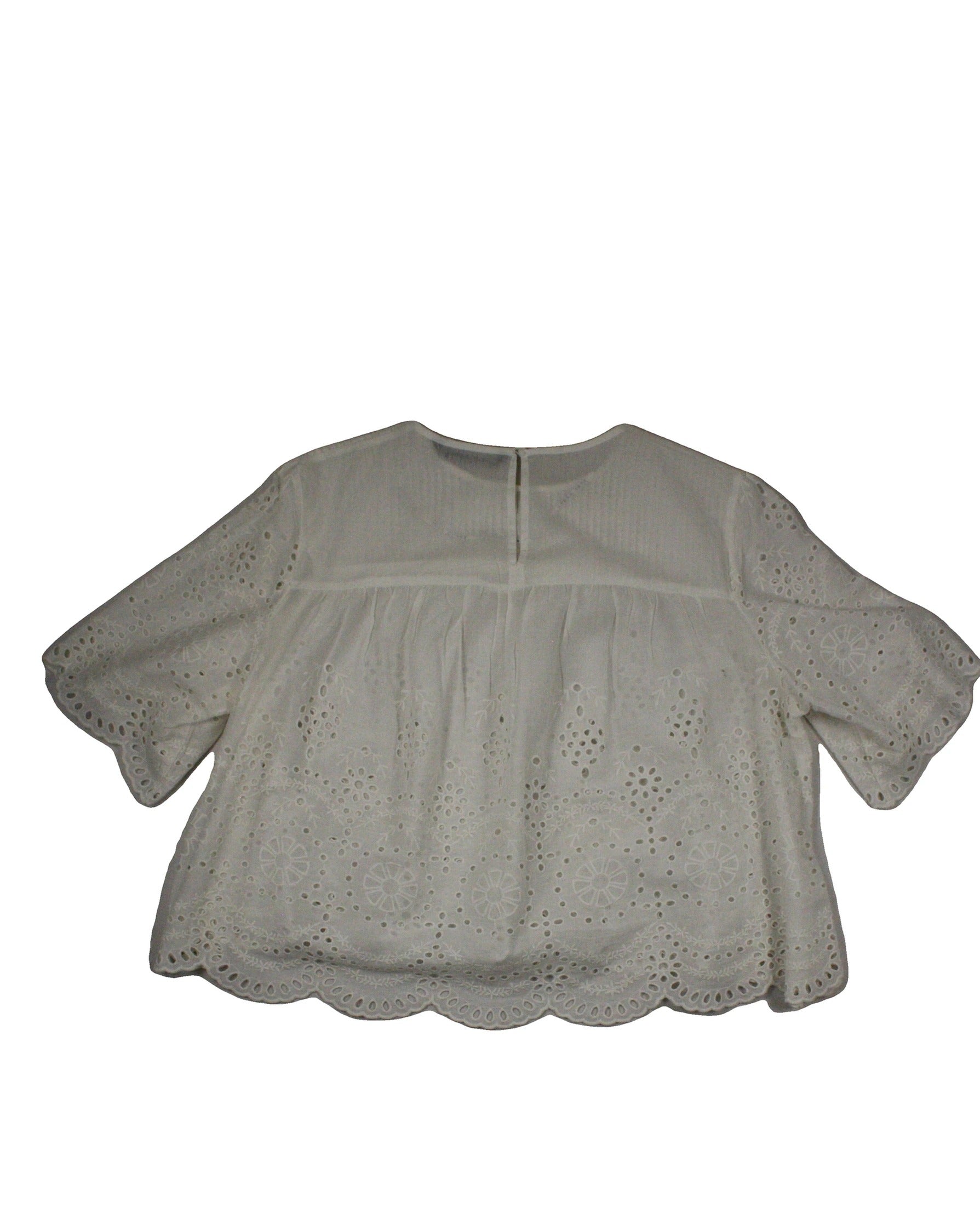 Zara Women's White Three-Quarter Sleeve Top with Pleats and Eyelet Embroidery – Size OP