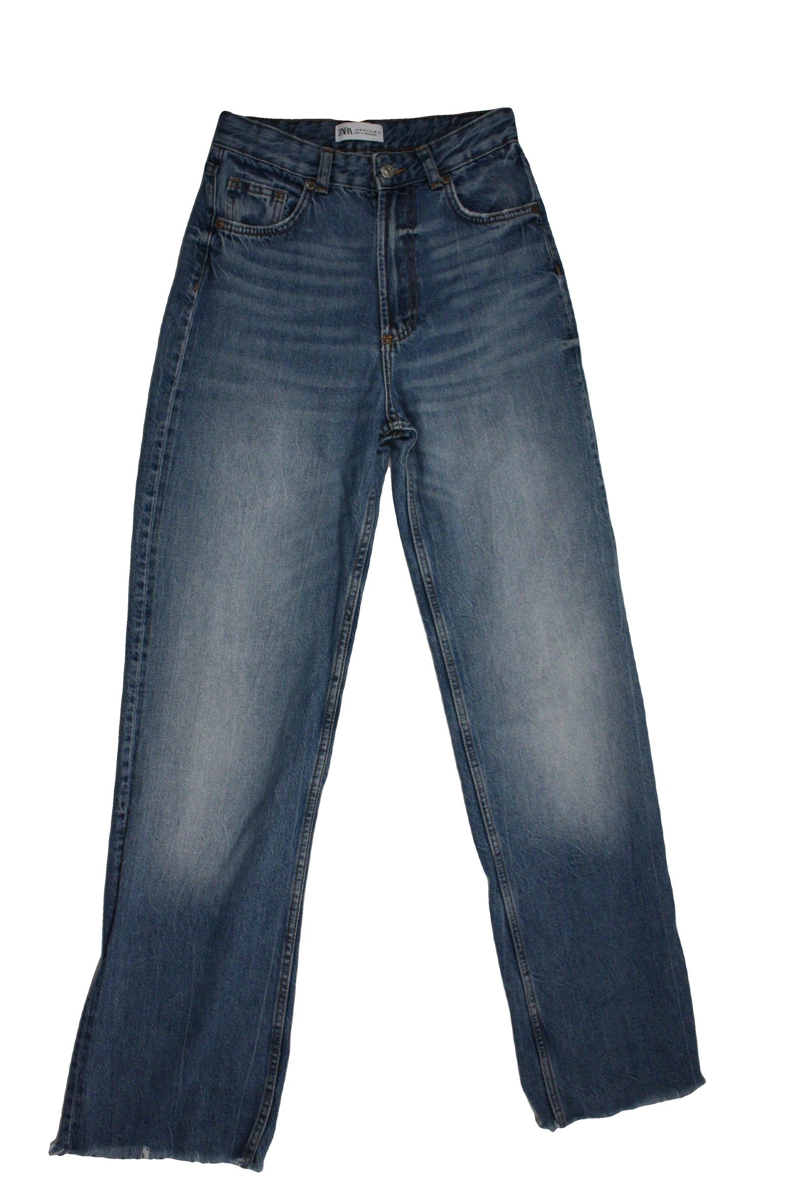 Zara Women's Blue Medium Wash High-Waist Wide-Leg Jeans with Frayed Hem – Waist 26