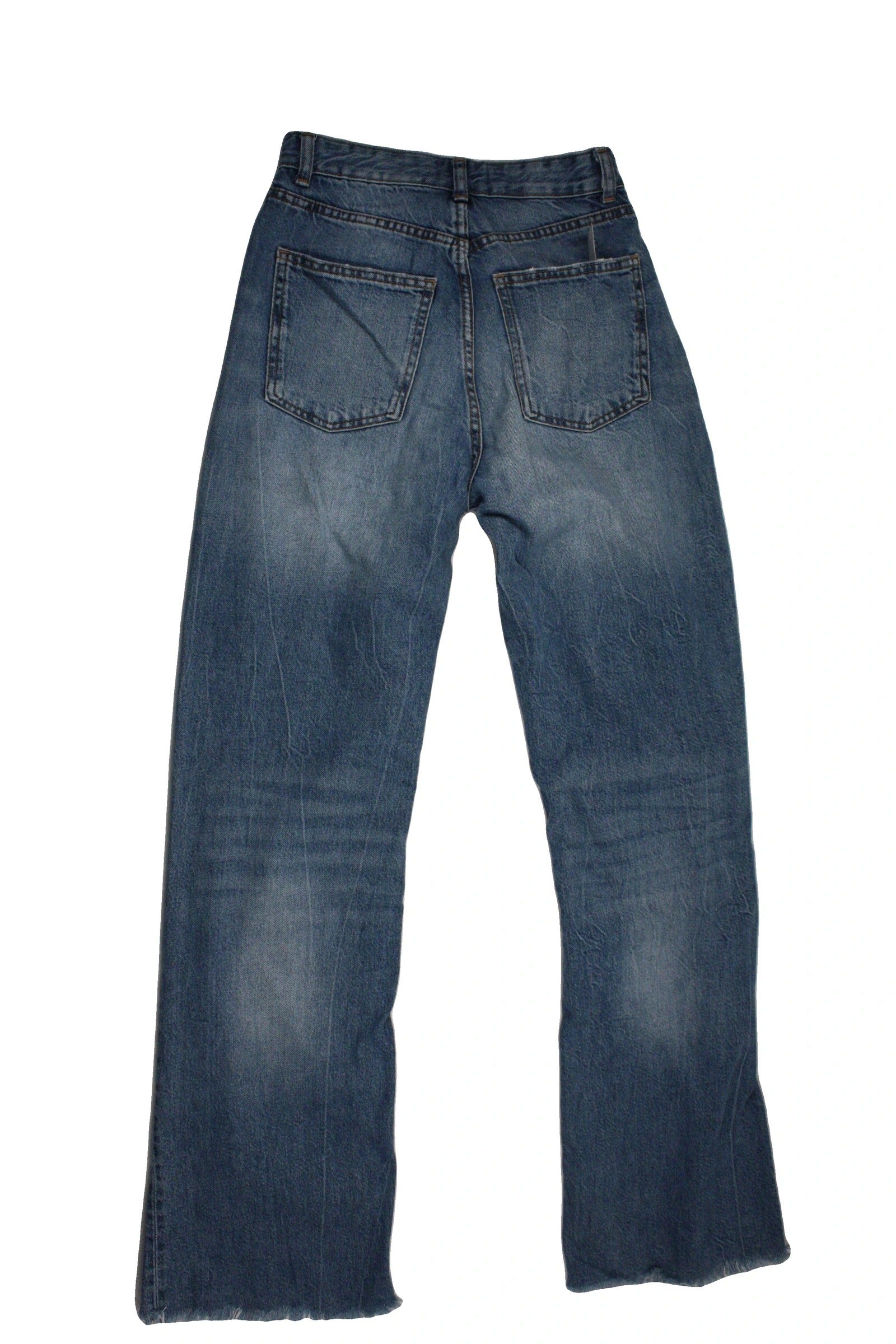 Zara Women's Blue Medium Wash High-Waist Wide-Leg Jeans with Frayed Hem – Waist 26