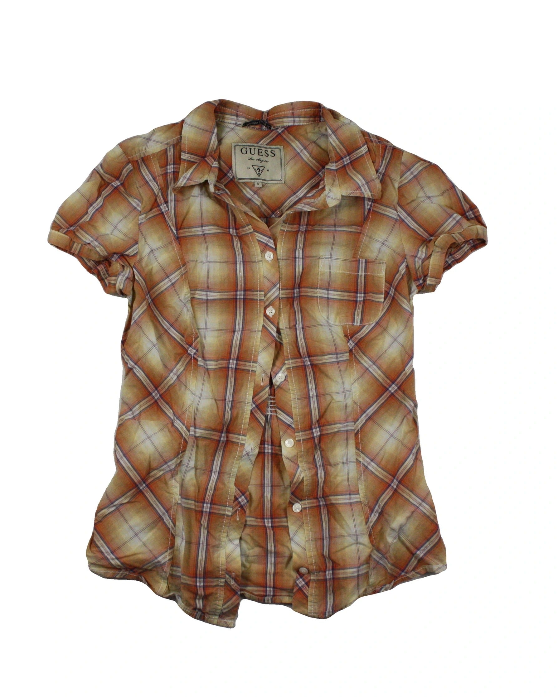 Guess Women's Orange/Cream/Navy Plaid Short Sleeve Fitted Shirt – Size S